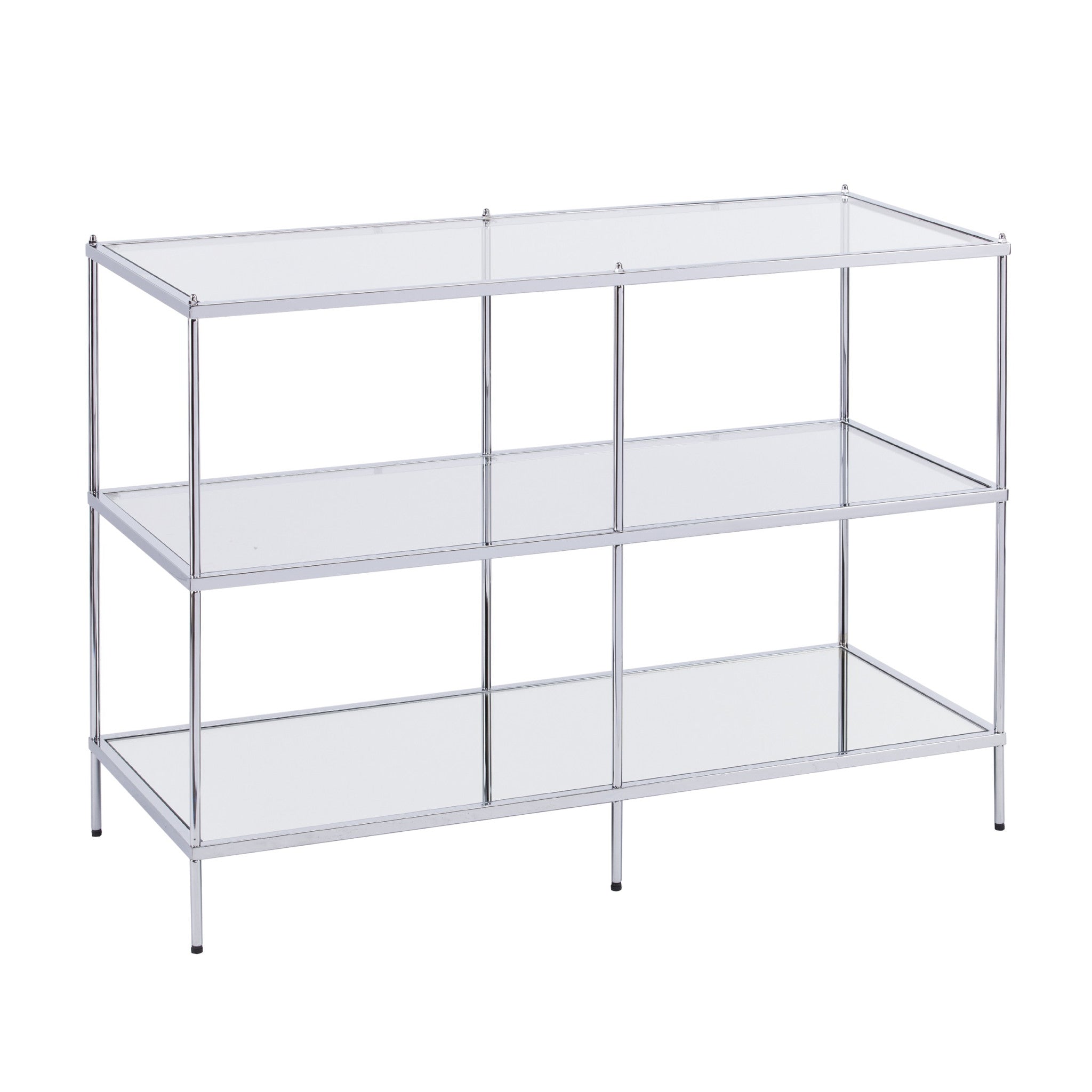 42" Clear and Silver Glass Mirrored Frame Console Table With Shelves-Console Tables-DECOROLALA