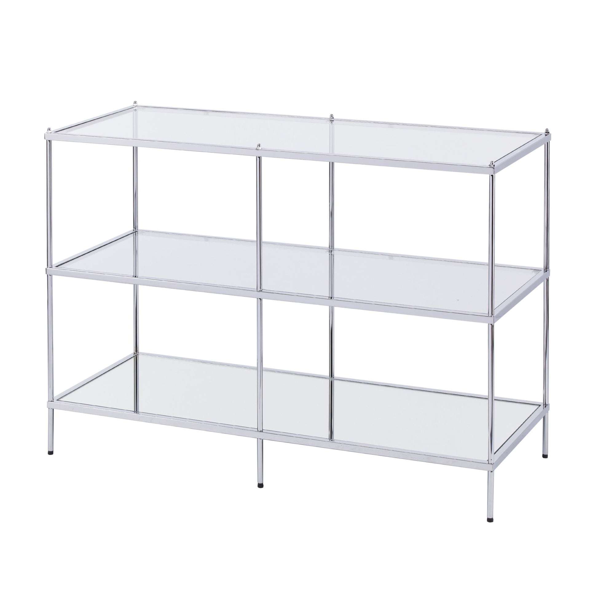 42" Clear and Silver Glass Mirrored Frame Console Table With Shelves-Console Tables-DECOROLALA