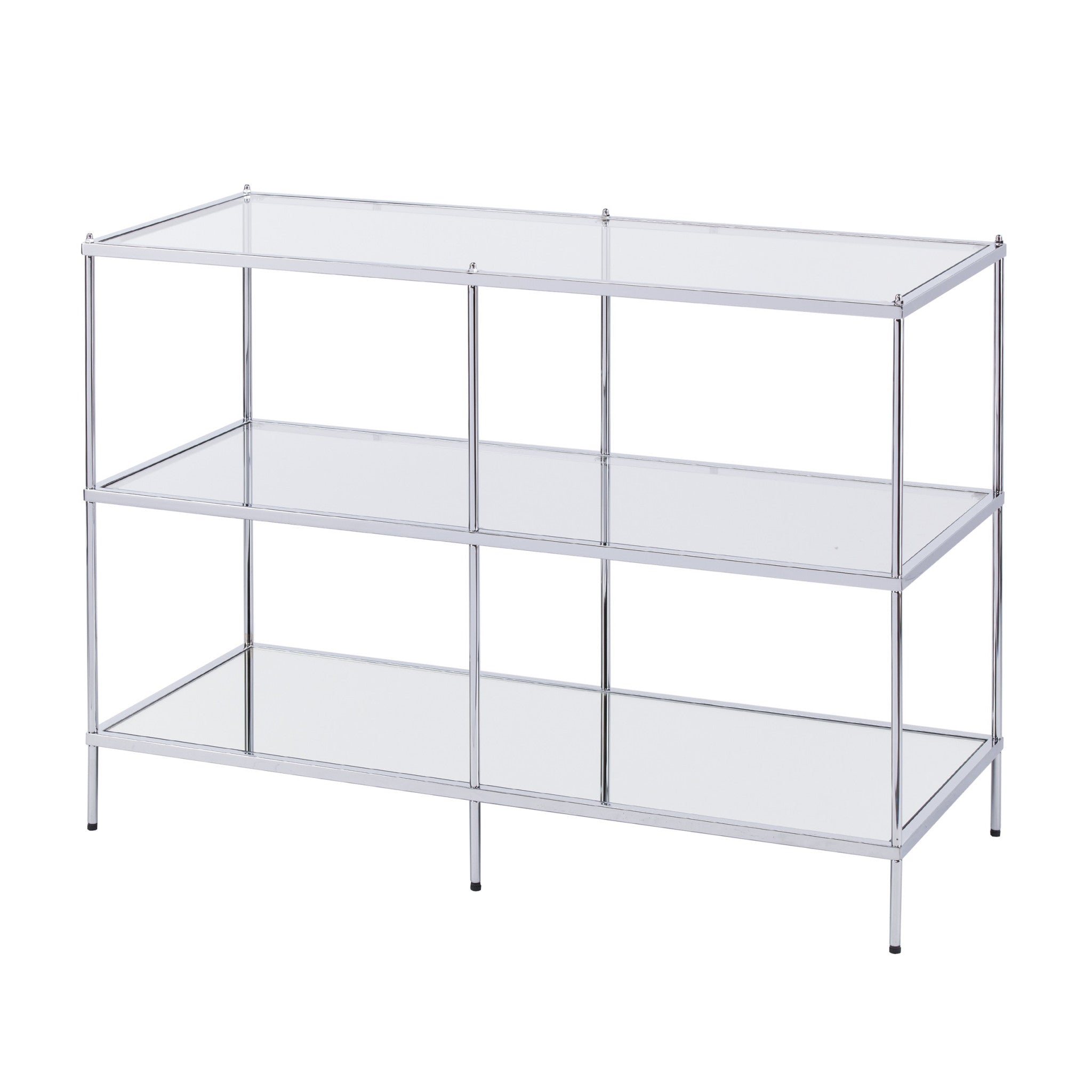 42" Clear and Silver Glass Mirrored Frame Console Table With Shelves-Console Tables-DECOROLALA