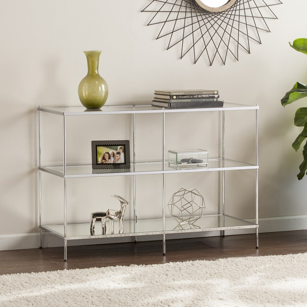 42" Clear and Silver Glass Mirrored Frame Console Table With Shelves-Console Tables-DECOROLALA
