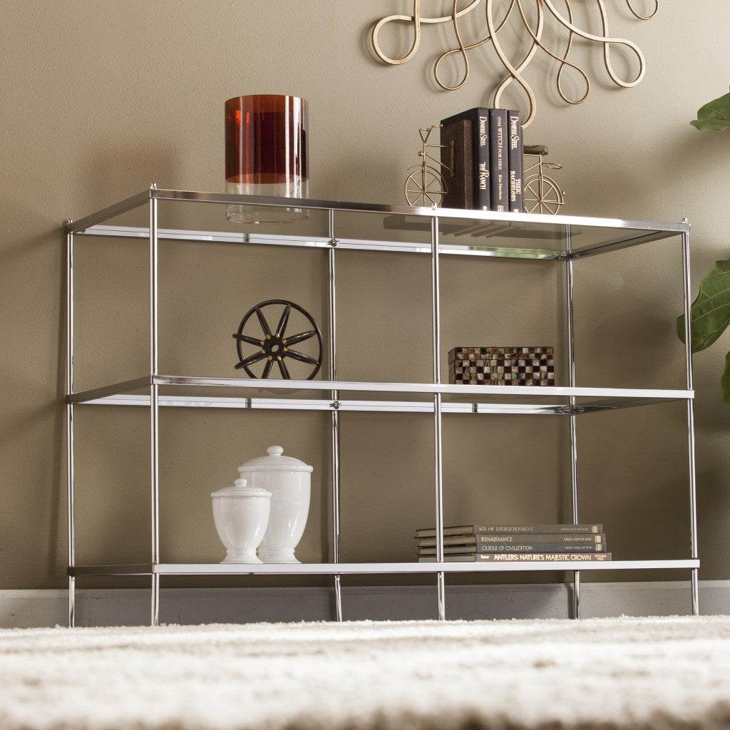42" Clear and Silver Glass Mirrored Frame Console Table With Shelves-Console Tables-DECOROLALA