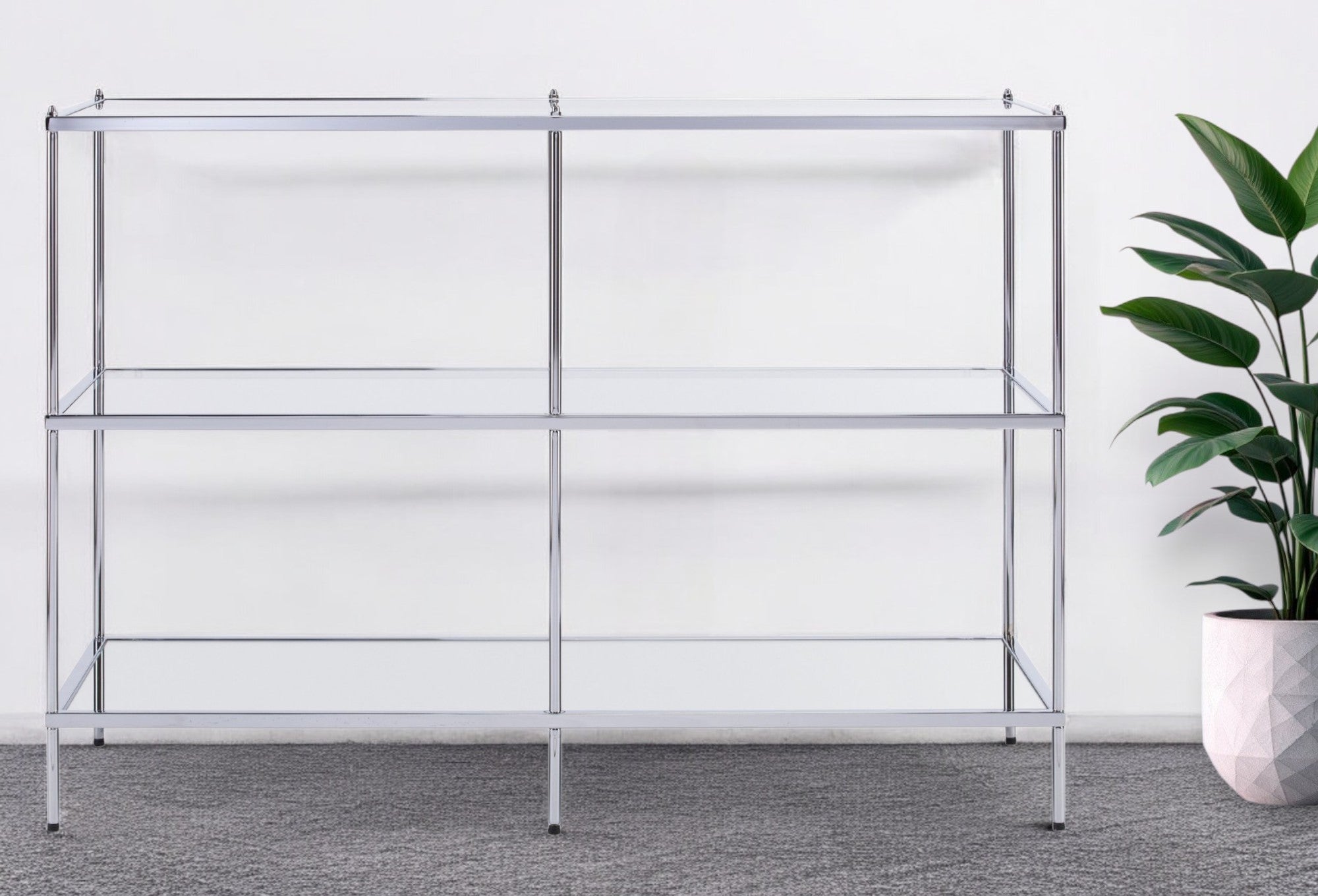 42" Clear and Silver Glass Mirrored Frame Console Table With Shelves-Console Tables-DECOROLALA