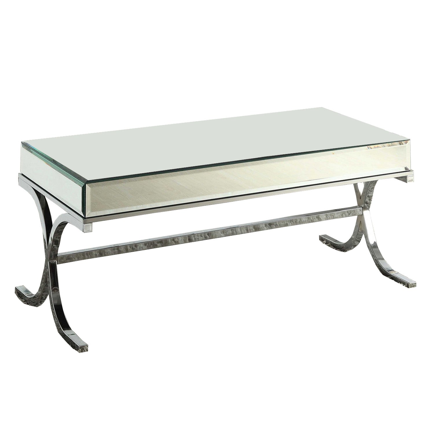42" Clear and Silver Mirrored Glass And Iron Sled Coffee Table-Coffee Tables-DECOROLALA