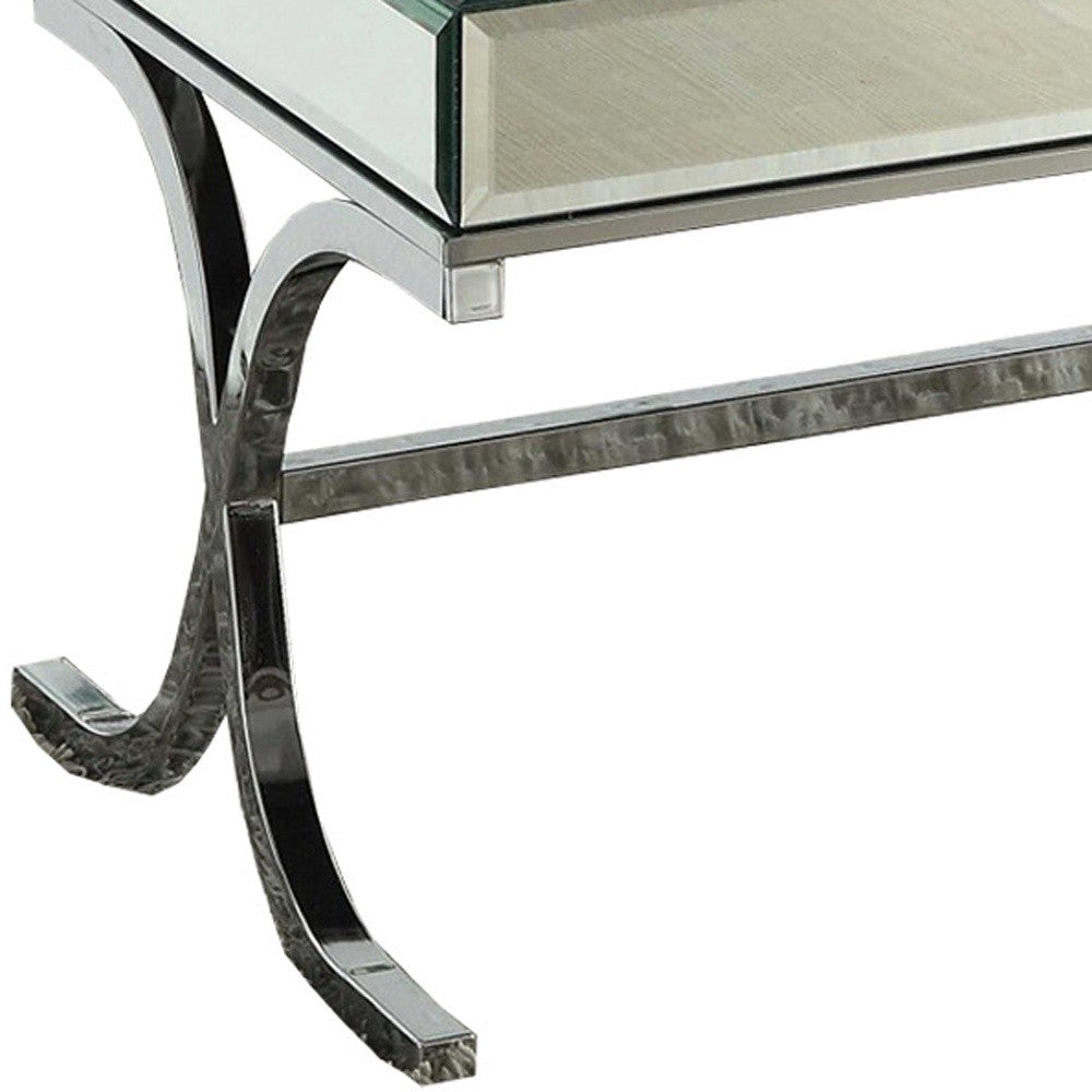 42" Clear and Silver Mirrored Glass And Iron Sled Coffee Table-Coffee Tables-DECOROLALA