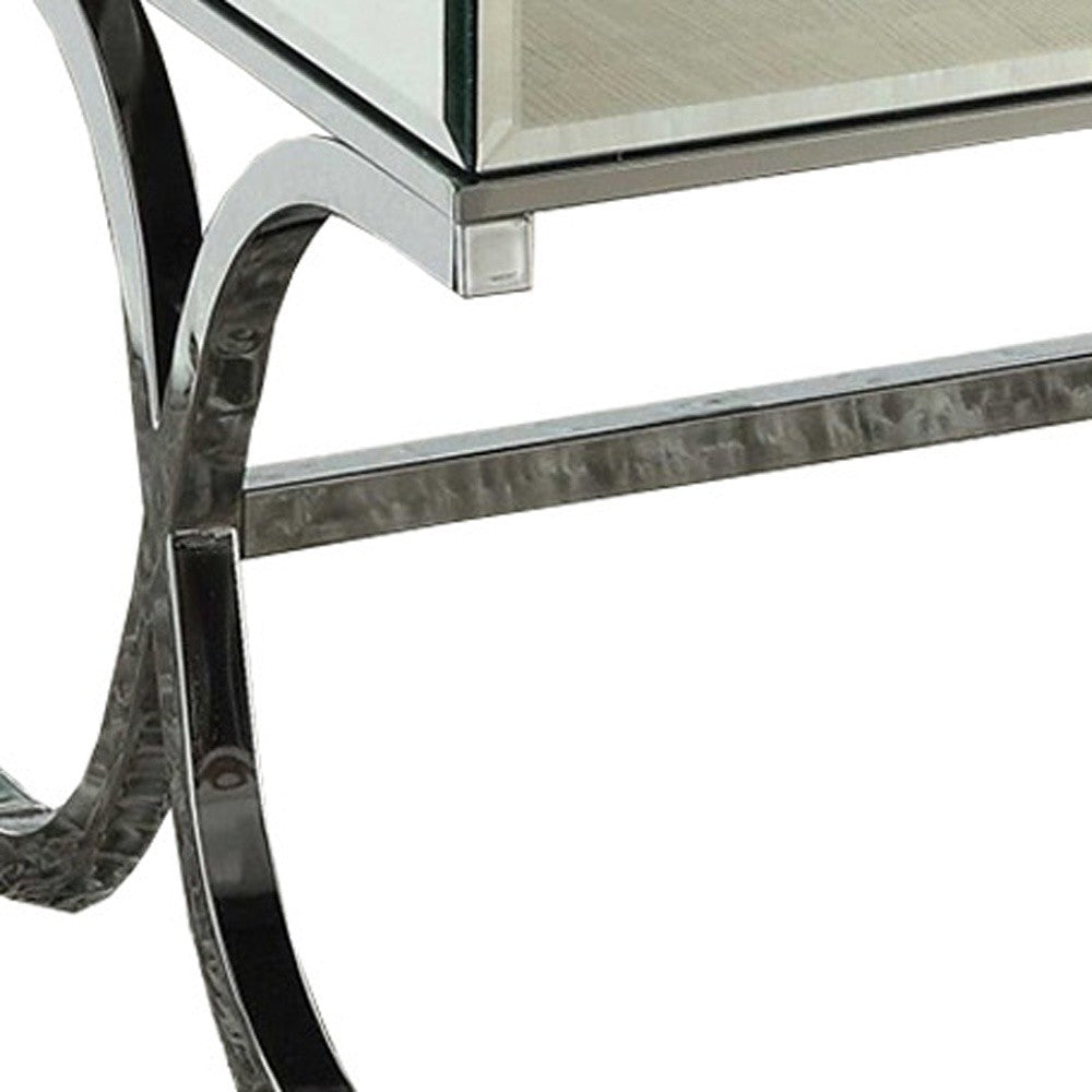 42" Clear and Silver Mirrored Glass And Iron Sled Coffee Table-Coffee Tables-DECOROLALA