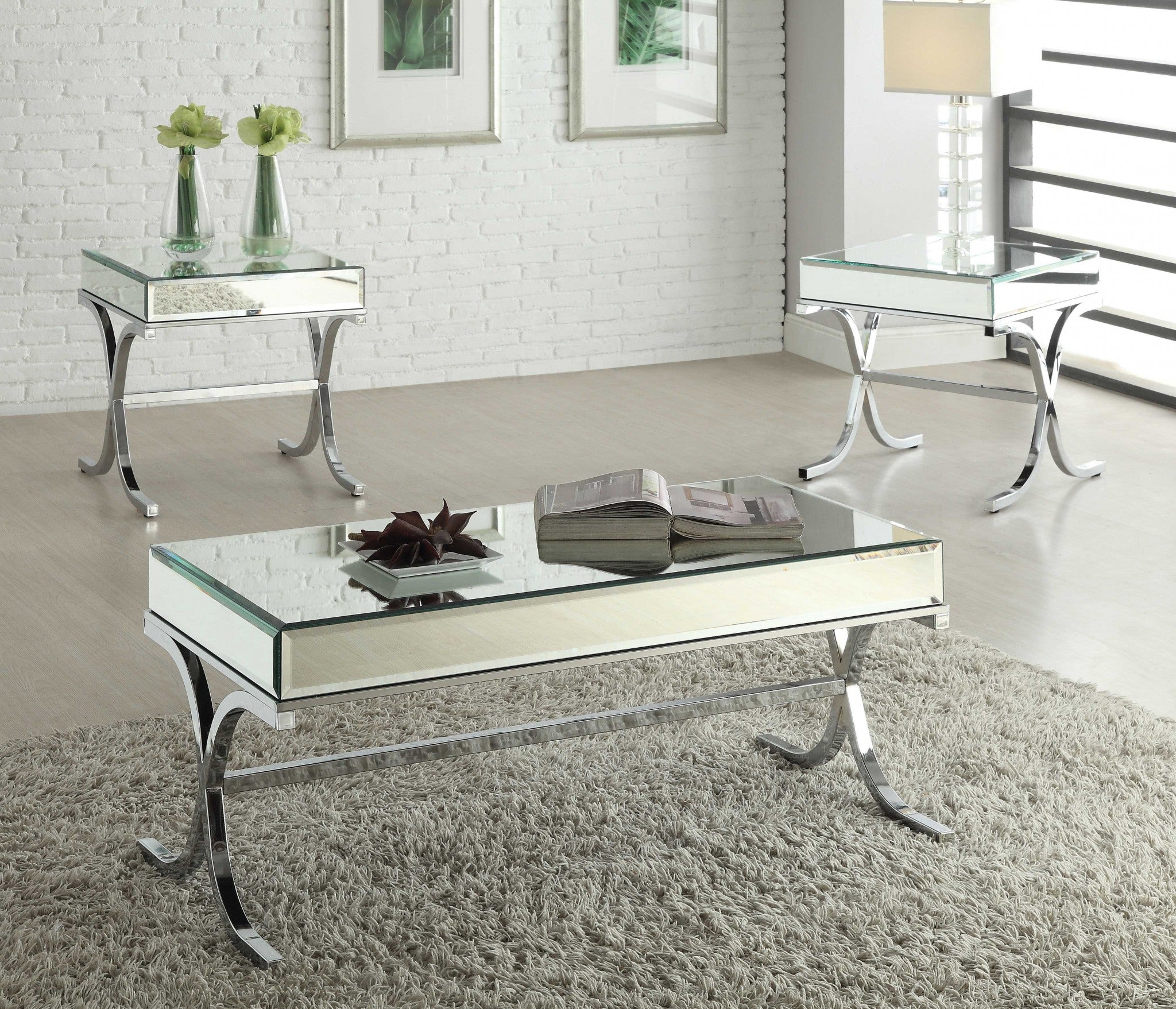 42" Clear and Silver Mirrored Glass And Iron Sled Coffee Table-Coffee Tables-DECOROLALA