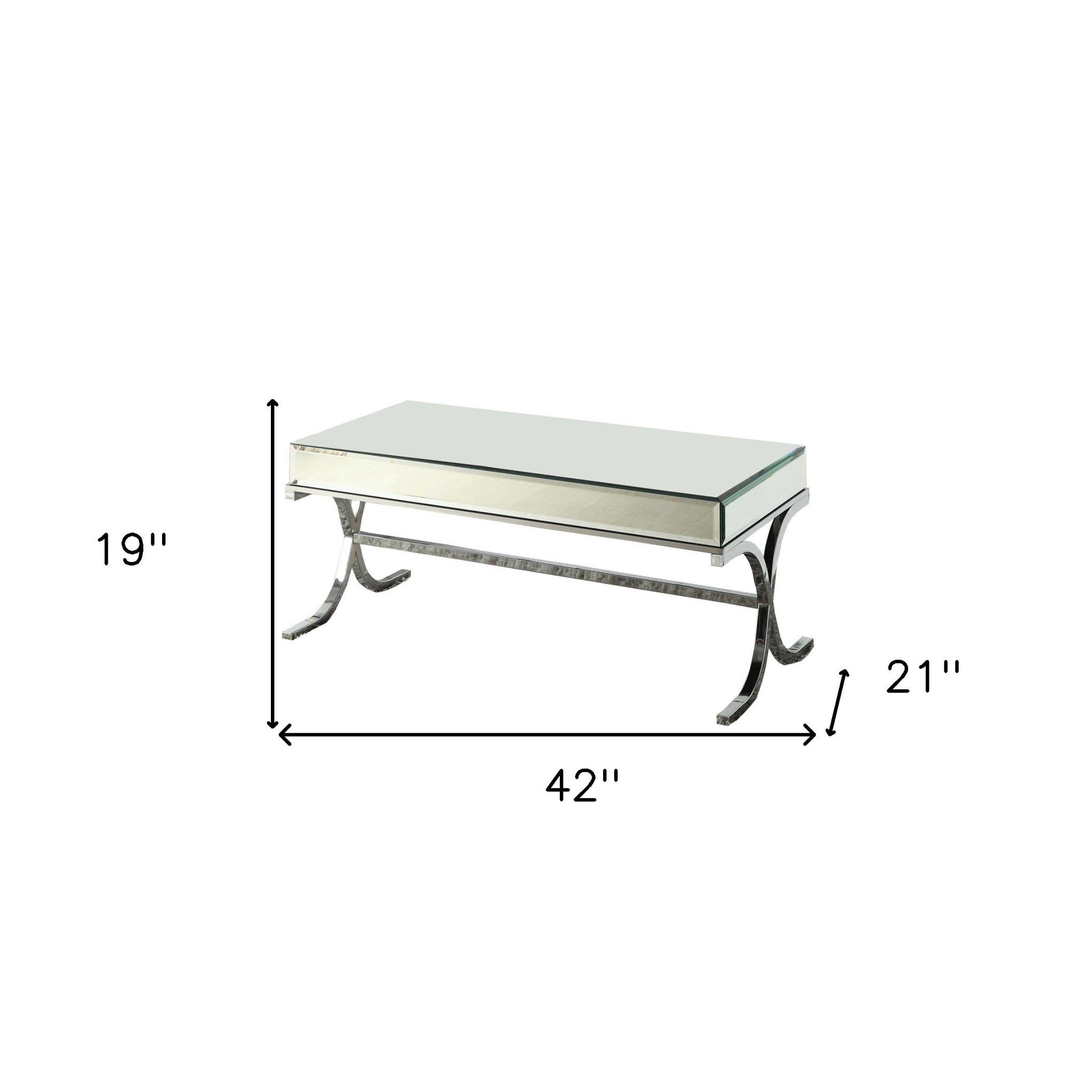 42" Clear and Silver Mirrored Glass And Iron Sled Coffee Table-Coffee Tables-DECOROLALA
