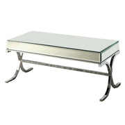 42" Clear and Silver Mirrored Glass And Iron Sled Coffee Table-Coffee Tables-DECOROLALA