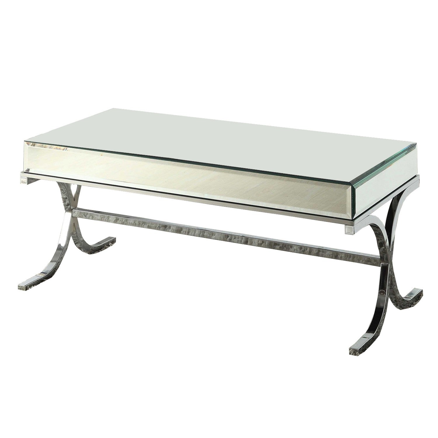 42" Clear and Silver Mirrored Glass And Iron Sled Coffee Table-Coffee Tables-DECOROLALA