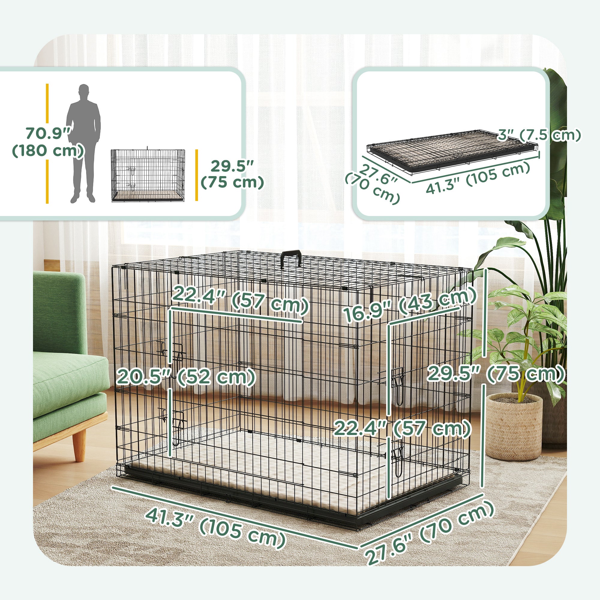 42" Dog Crate with 2 Doors, Folding Metal Dog Cage with Soft Cushion, Removable Tray, Handle, for Small Dogs, Black-Dogs-DECOROLALA