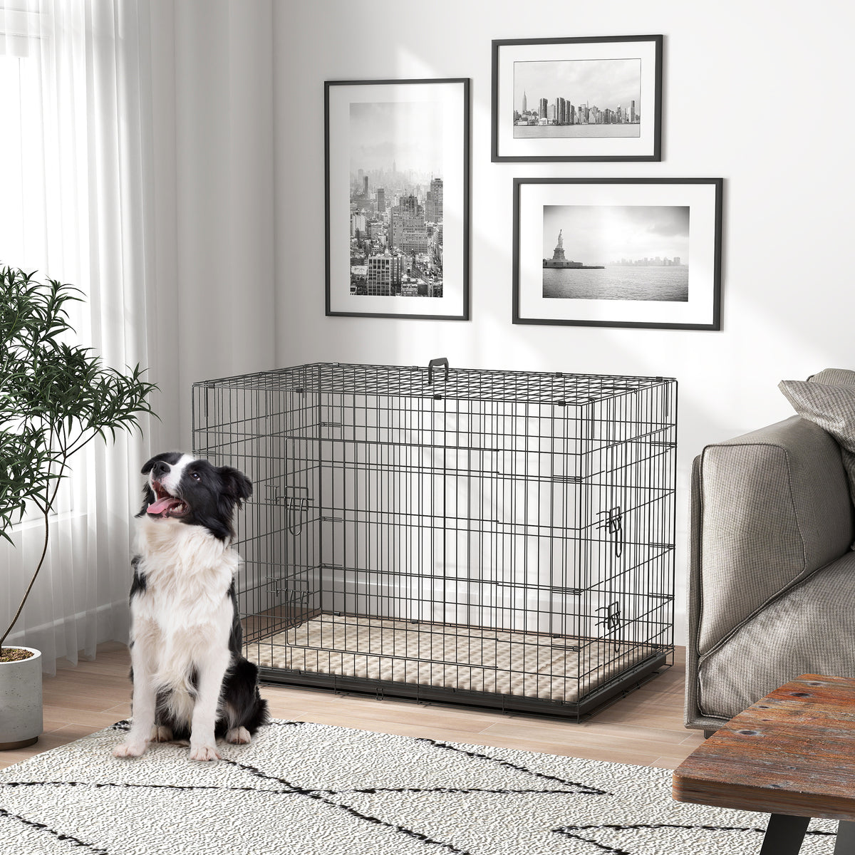42" Folding Metal Dog Crate - 2 Doors with Cushion Black-Dog Supplies-DECOROLALA