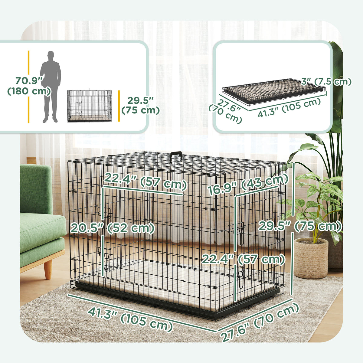 42" Folding Metal Dog Crate - 2 Doors with Cushion Black-Dogs-DECOROLALA