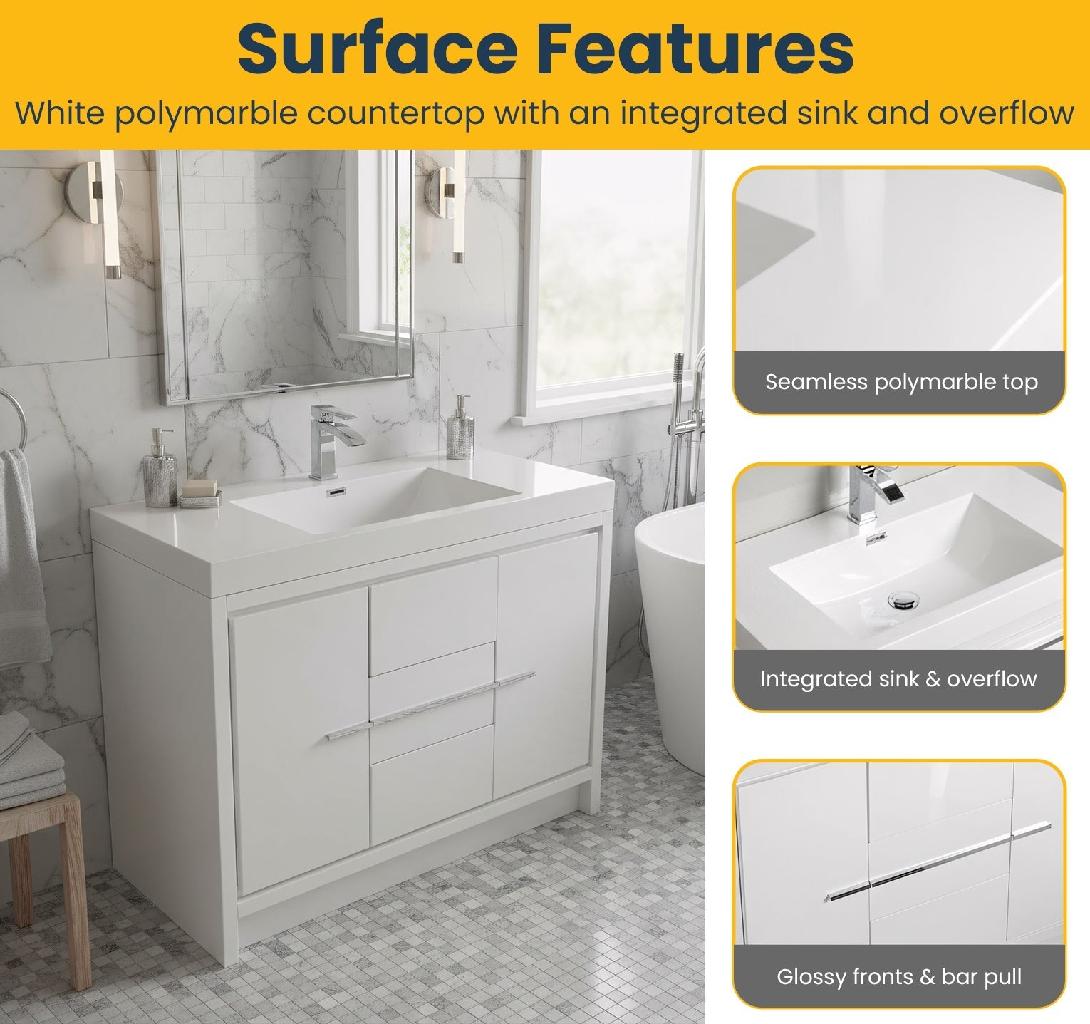 42" Glossy White Freestanding Bathroom Vanity with White Polymarble Countertop-Migration_Bathroom Vanities-DECOROLALA