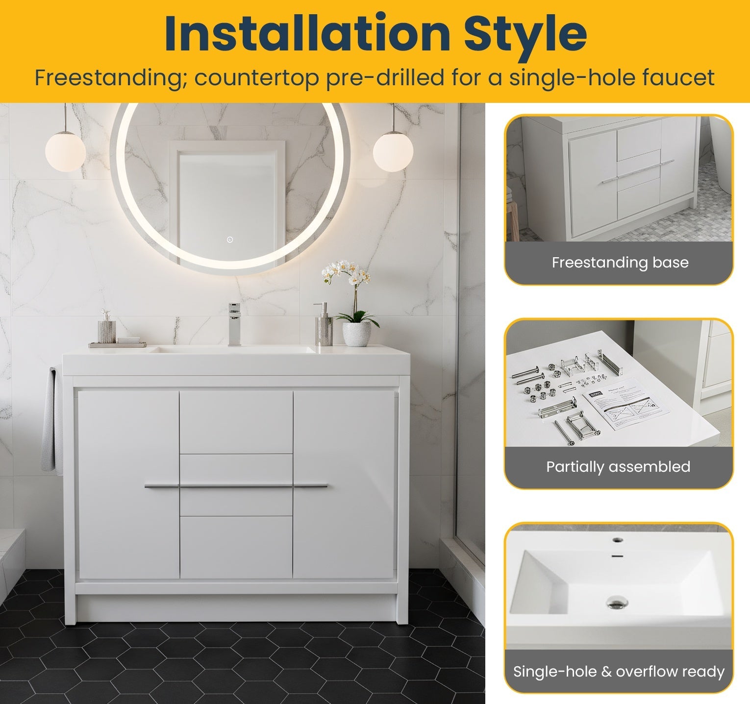 42" Glossy White Freestanding Bathroom Vanity with White Polymarble Countertop-Migration_Bathroom Vanities-DECOROLALA