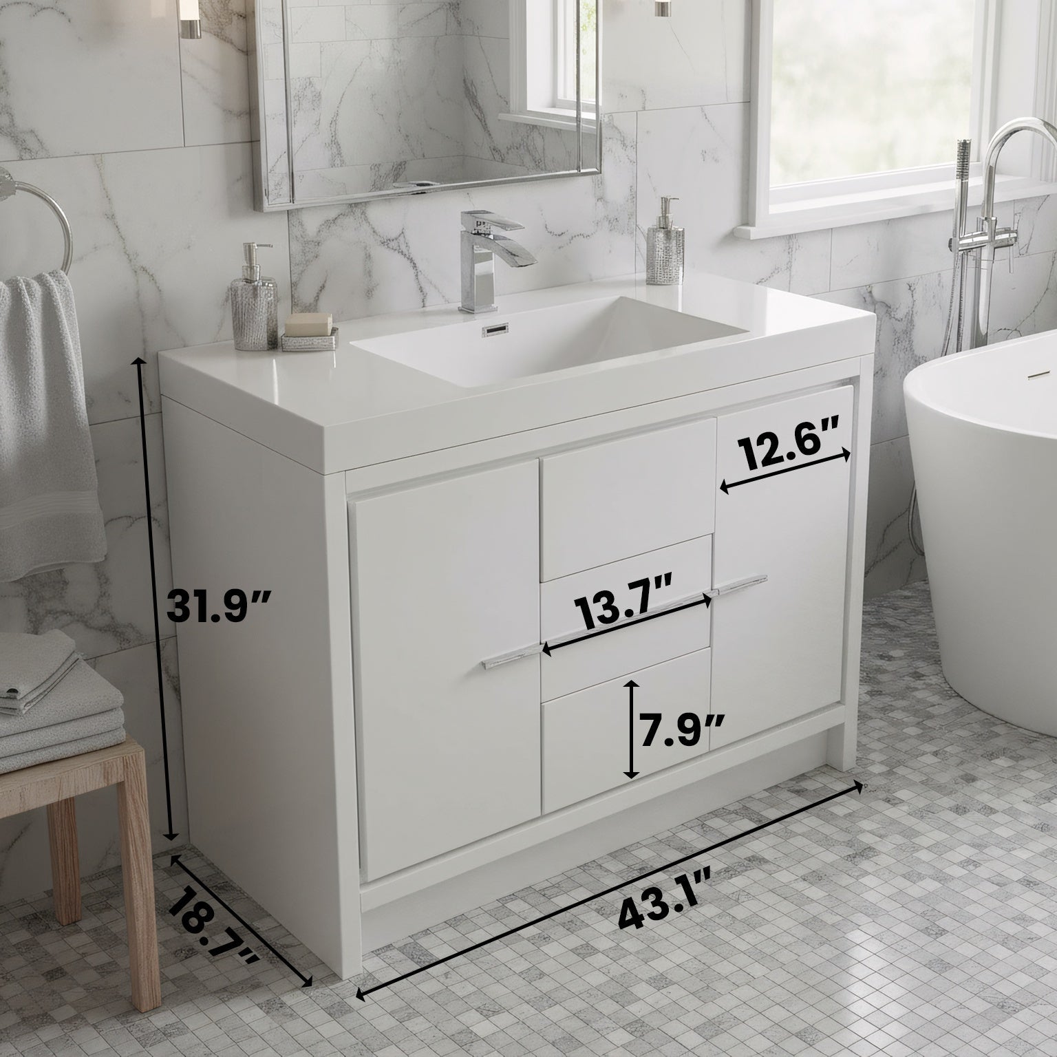 42" Glossy White Freestanding Bathroom Vanity with White Polymarble Countertop-Migration_Bathroom Vanities-DECOROLALA