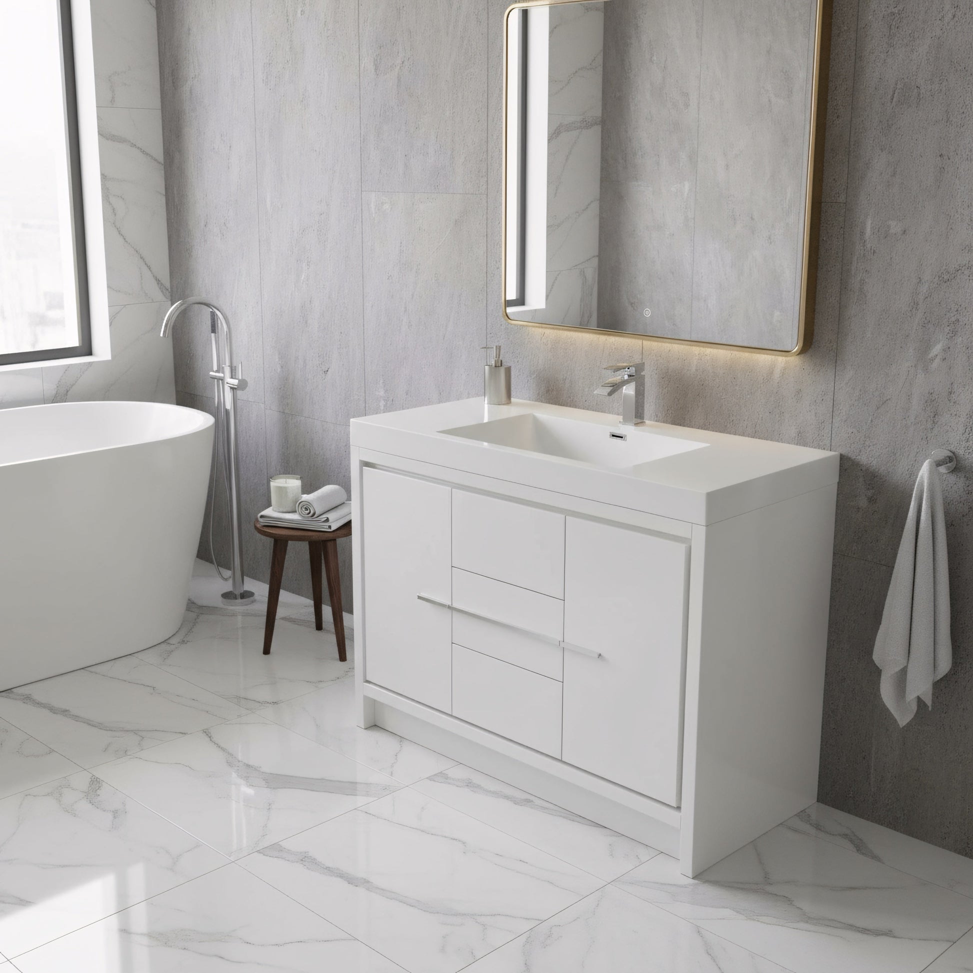 42" Glossy White Freestanding Bathroom Vanity with White Polymarble Countertop-Migration_Bathroom Vanities-DECOROLALA