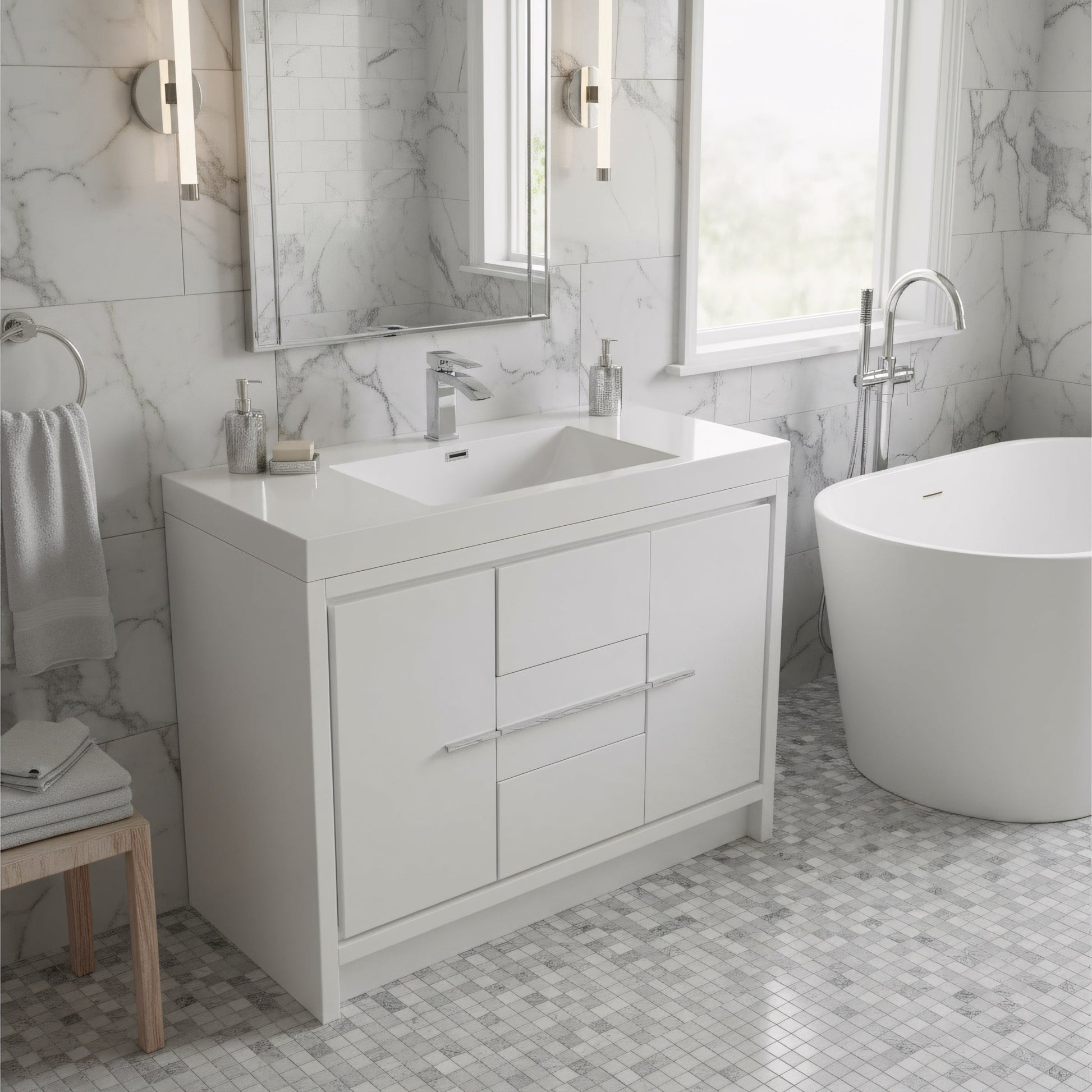 42" Glossy White Freestanding Bathroom Vanity with White Polymarble Countertop-Migration_Bathroom Vanities-DECOROLALA