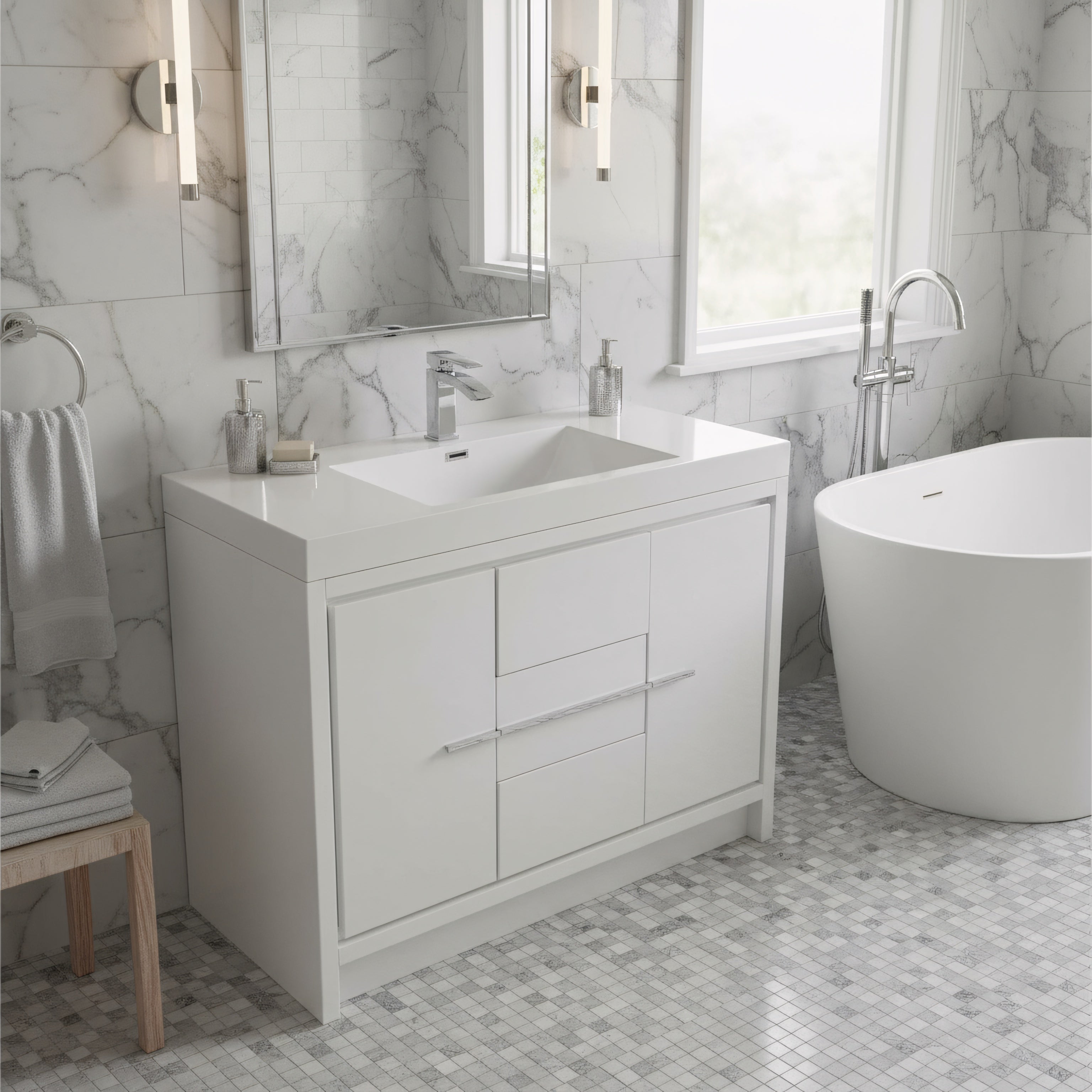 42" Glossy White Freestanding Bathroom Vanity with White Polymarble Countertop-Migration_Bathroom Vanities-DECOROLALA