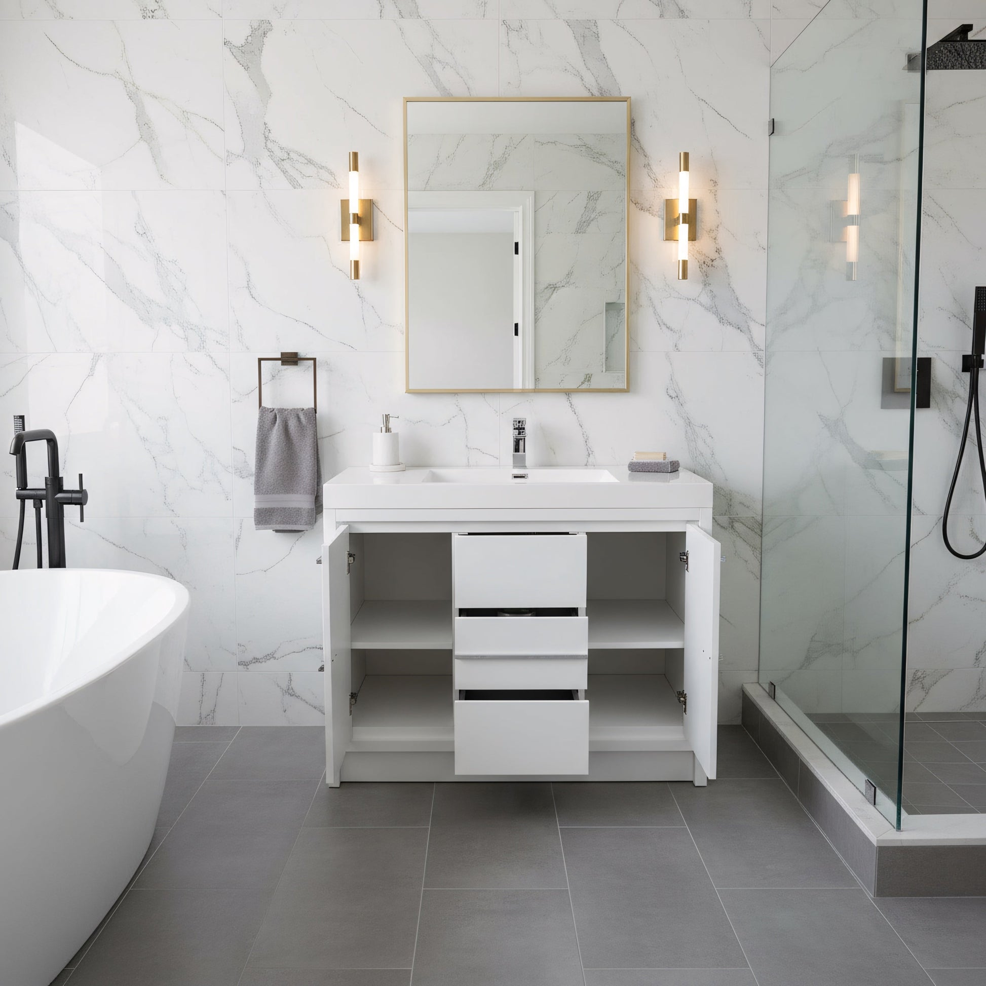 42" Glossy White Freestanding Bathroom Vanity with White Polymarble Countertop-Migration_Bathroom Vanities-DECOROLALA