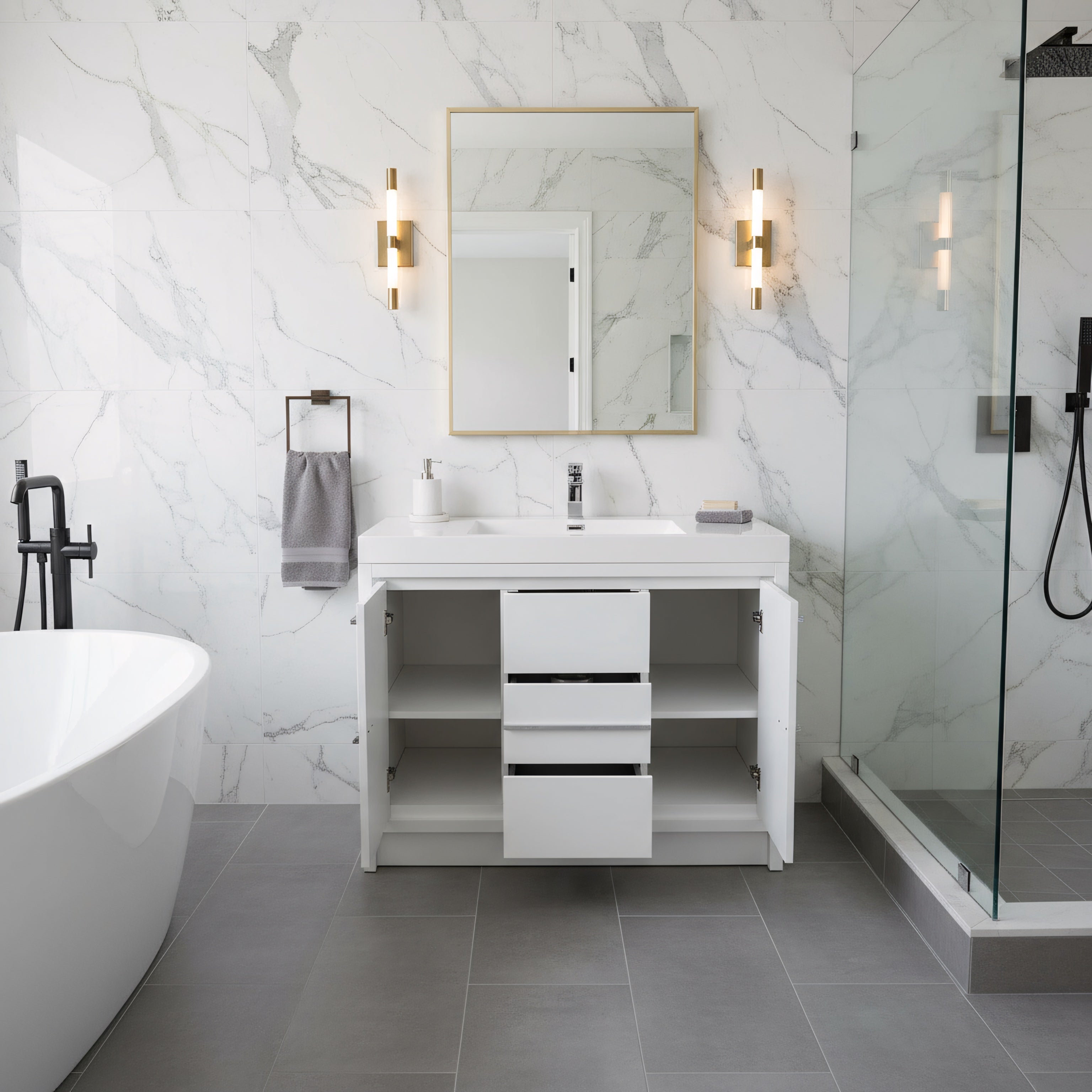 42" Glossy White Freestanding Bathroom Vanity with White Polymarble Countertop-Migration_Bathroom Vanities-DECOROLALA