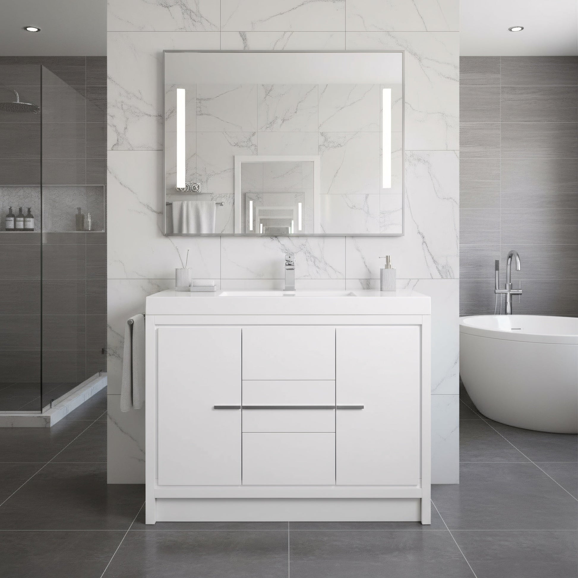 42" Glossy White Freestanding Bathroom Vanity with White Polymarble Countertop-Migration_Bathroom Vanities-DECOROLALA