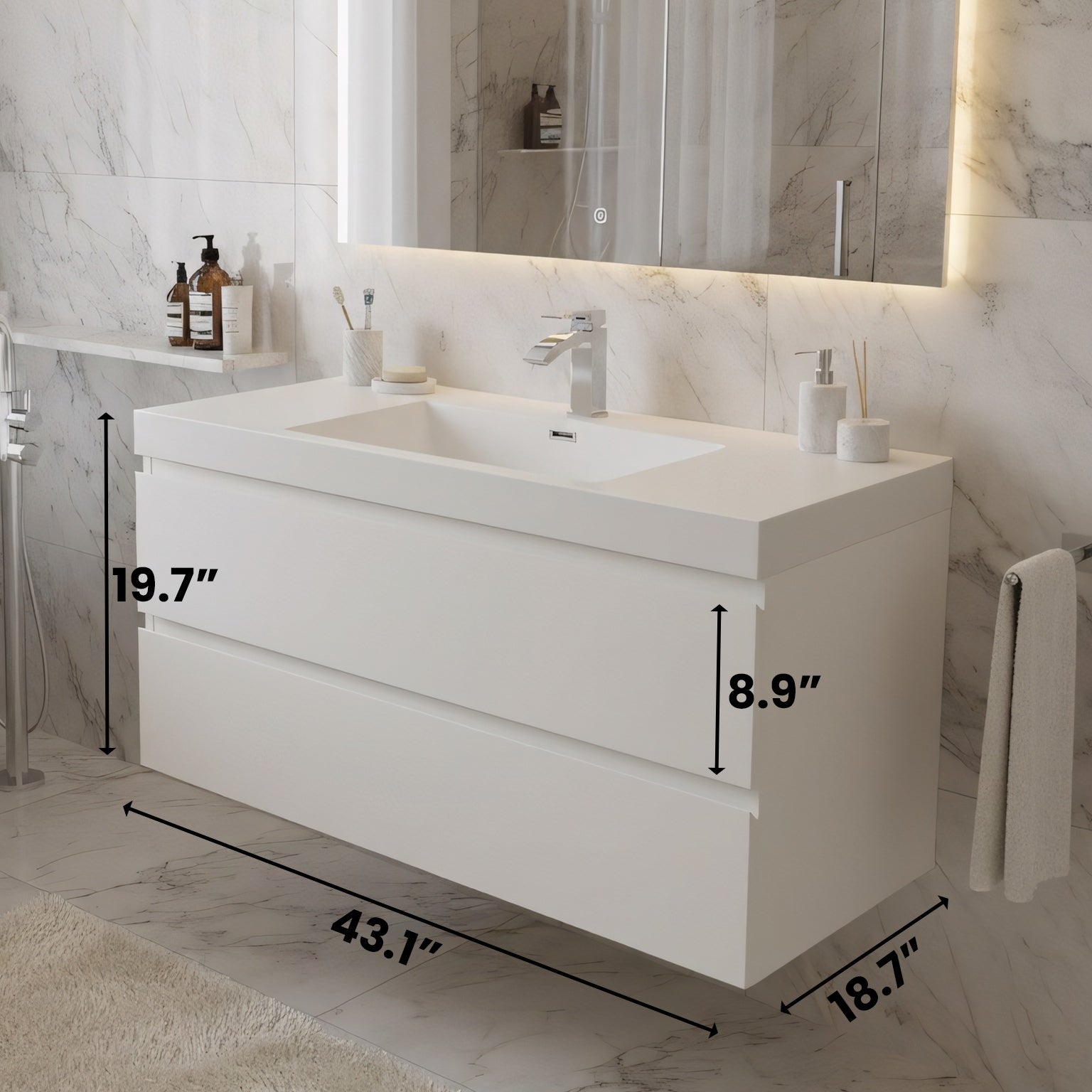 42" Glossy White Wall Mount Bathroom Vanity with White Polymarble Countertop-Migration_Bathroom Vanities-DECOROLALA