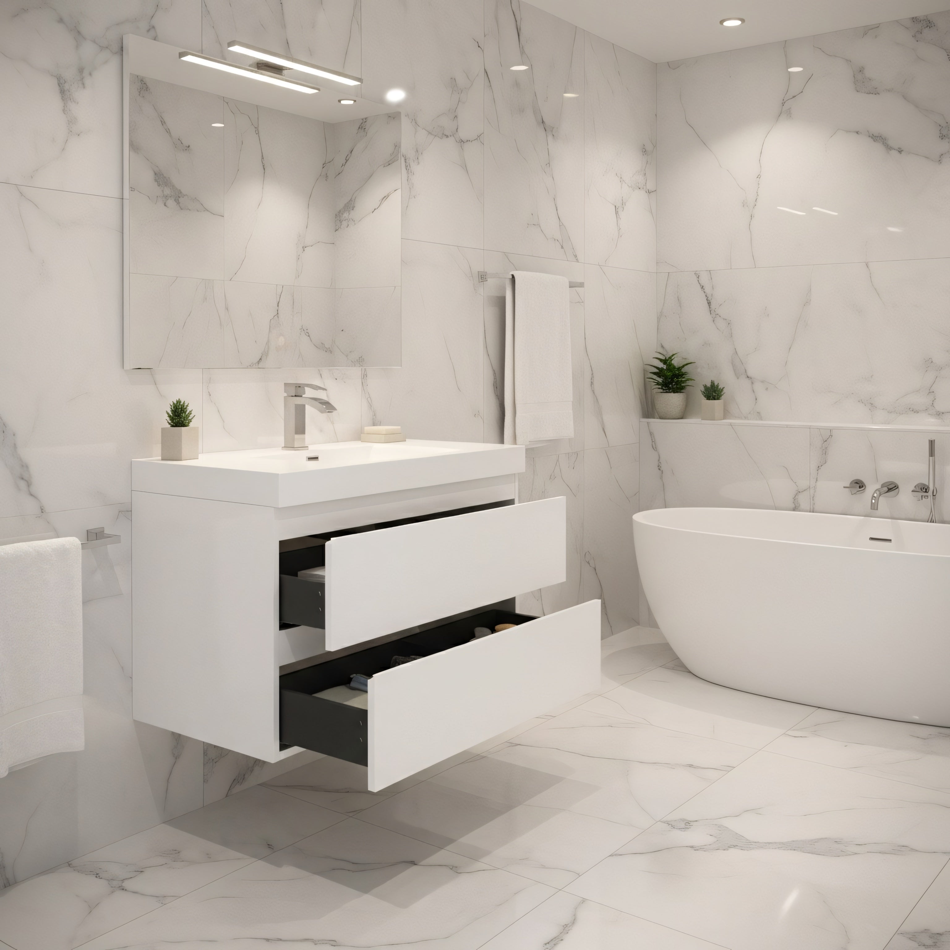 42" Glossy White Wall Mount Bathroom Vanity with White Polymarble Countertop-Migration_Bathroom Vanities-DECOROLALA