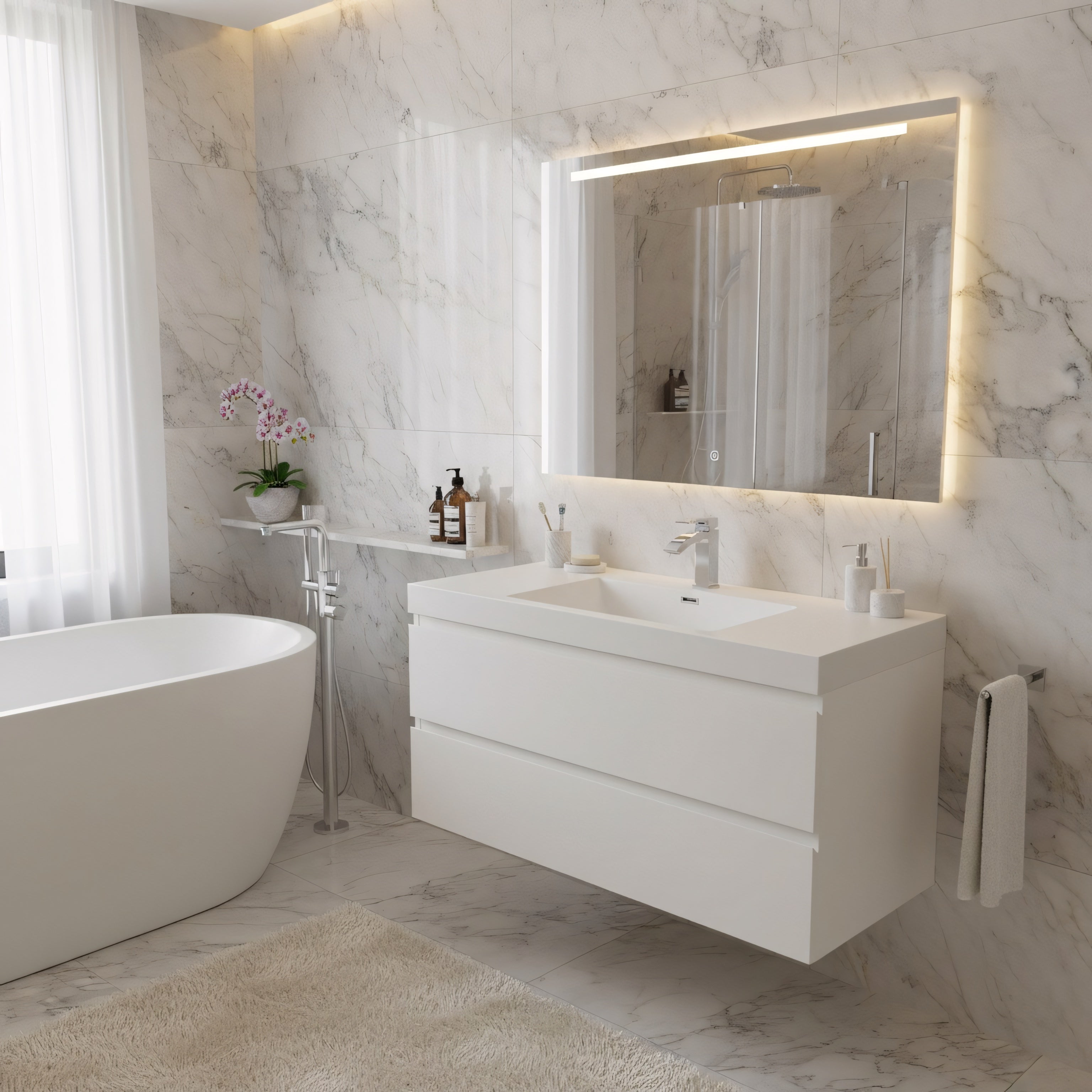 42" Glossy White Wall Mount Bathroom Vanity with White Polymarble Countertop-Migration_Bathroom Vanities-DECOROLALA