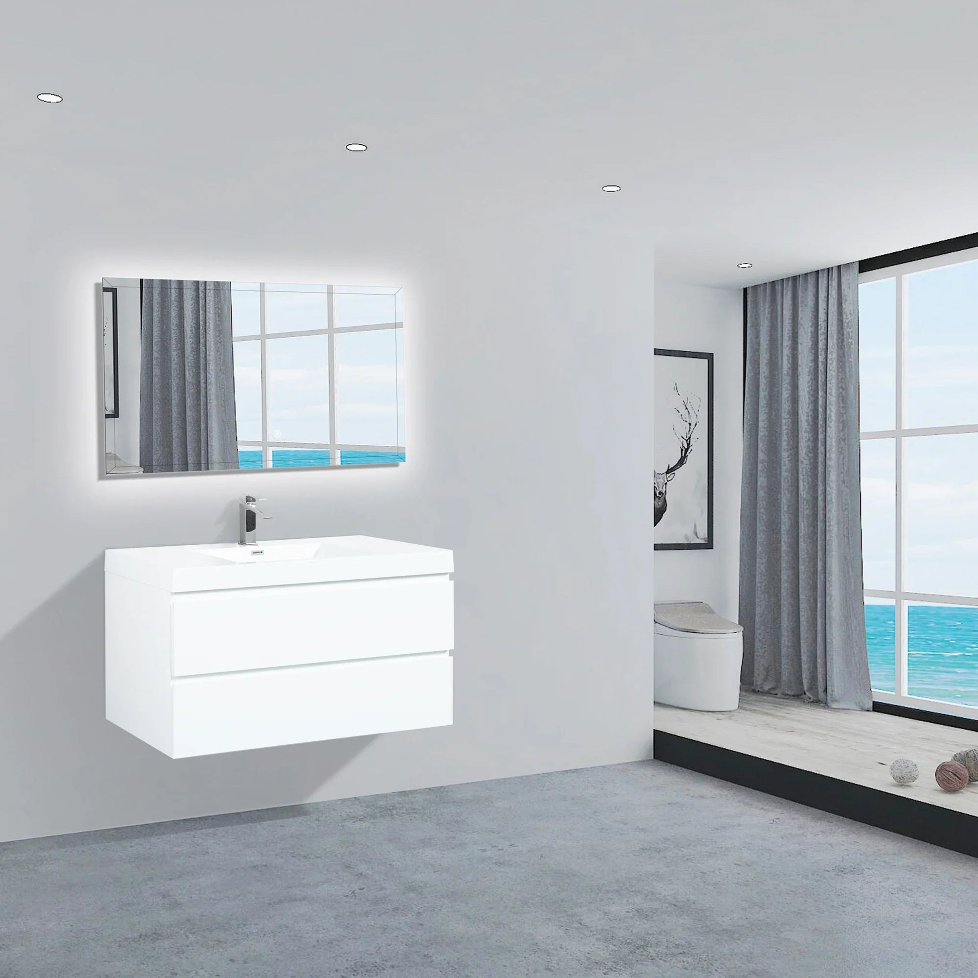 42" Glossy White Wall Mount Bathroom Vanity with White Polymarble Countertop-Migration_Bathroom Vanities-DECOROLALA