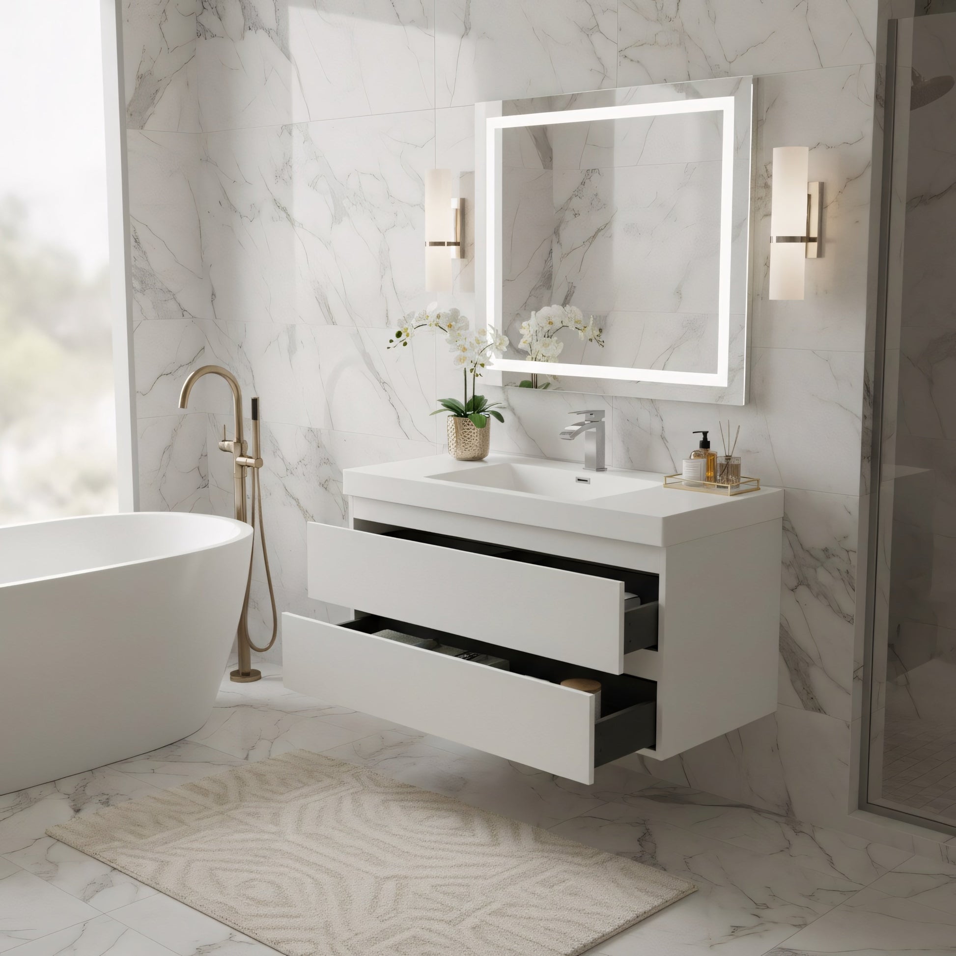 42" Glossy White Wall Mount Bathroom Vanity with White Polymarble Countertop-Migration_Bathroom Vanities-DECOROLALA
