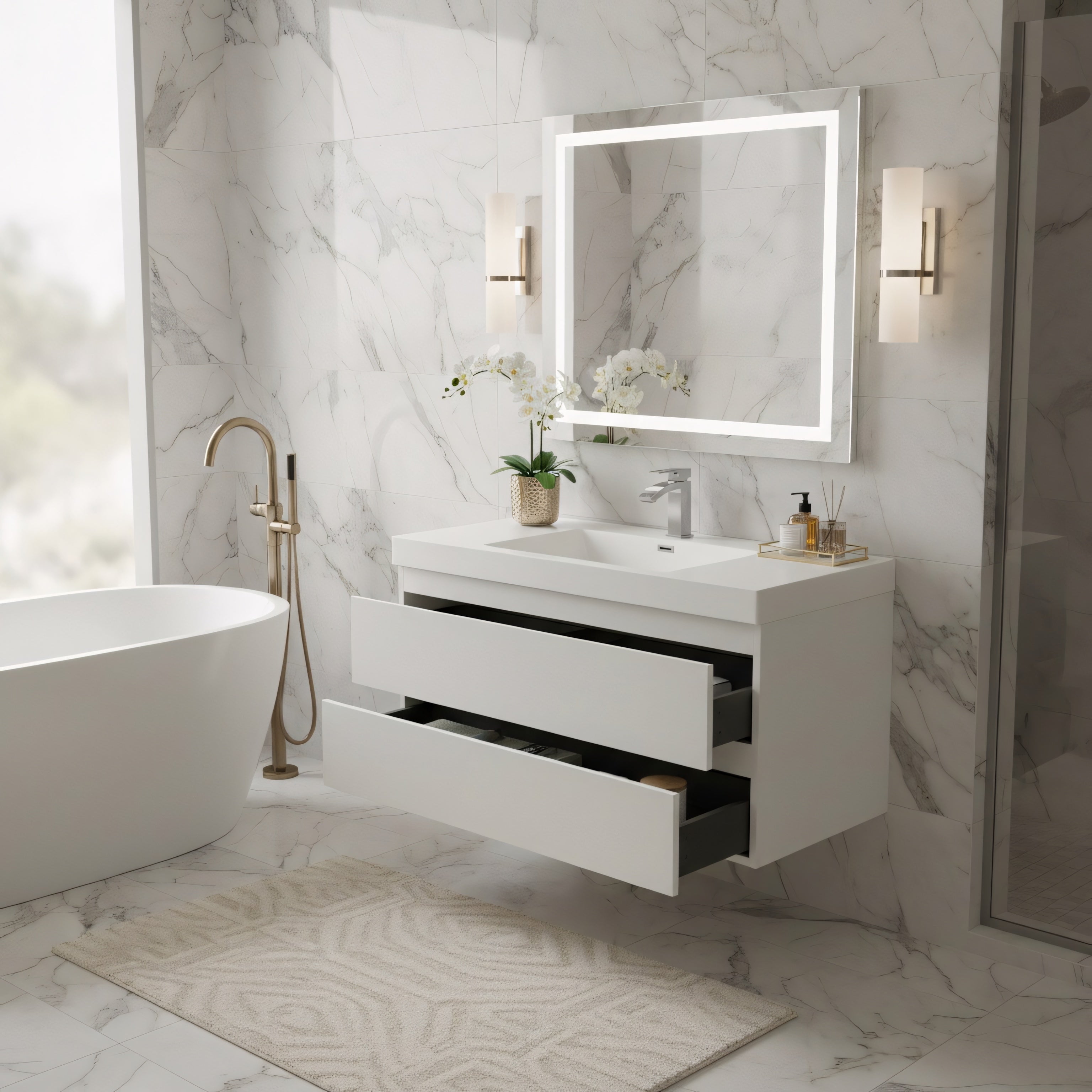 42" Glossy White Wall Mount Bathroom Vanity with White Polymarble Countertop-Migration_Bathroom Vanities-DECOROLALA