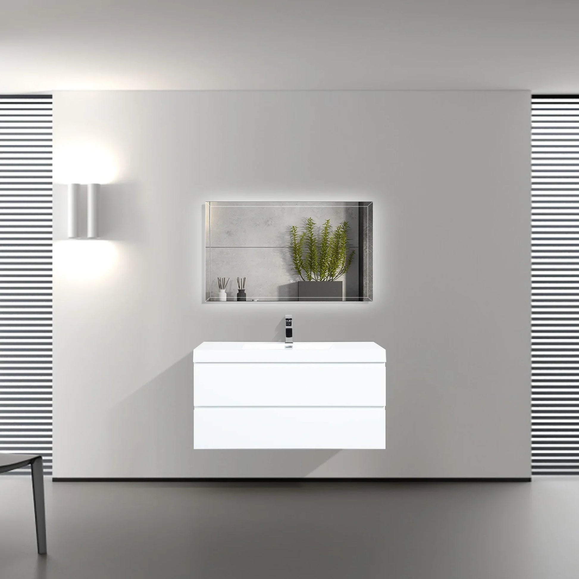 42" Glossy White Wall Mount Bathroom Vanity with White Polymarble Countertop-Migration_Bathroom Vanities-DECOROLALA