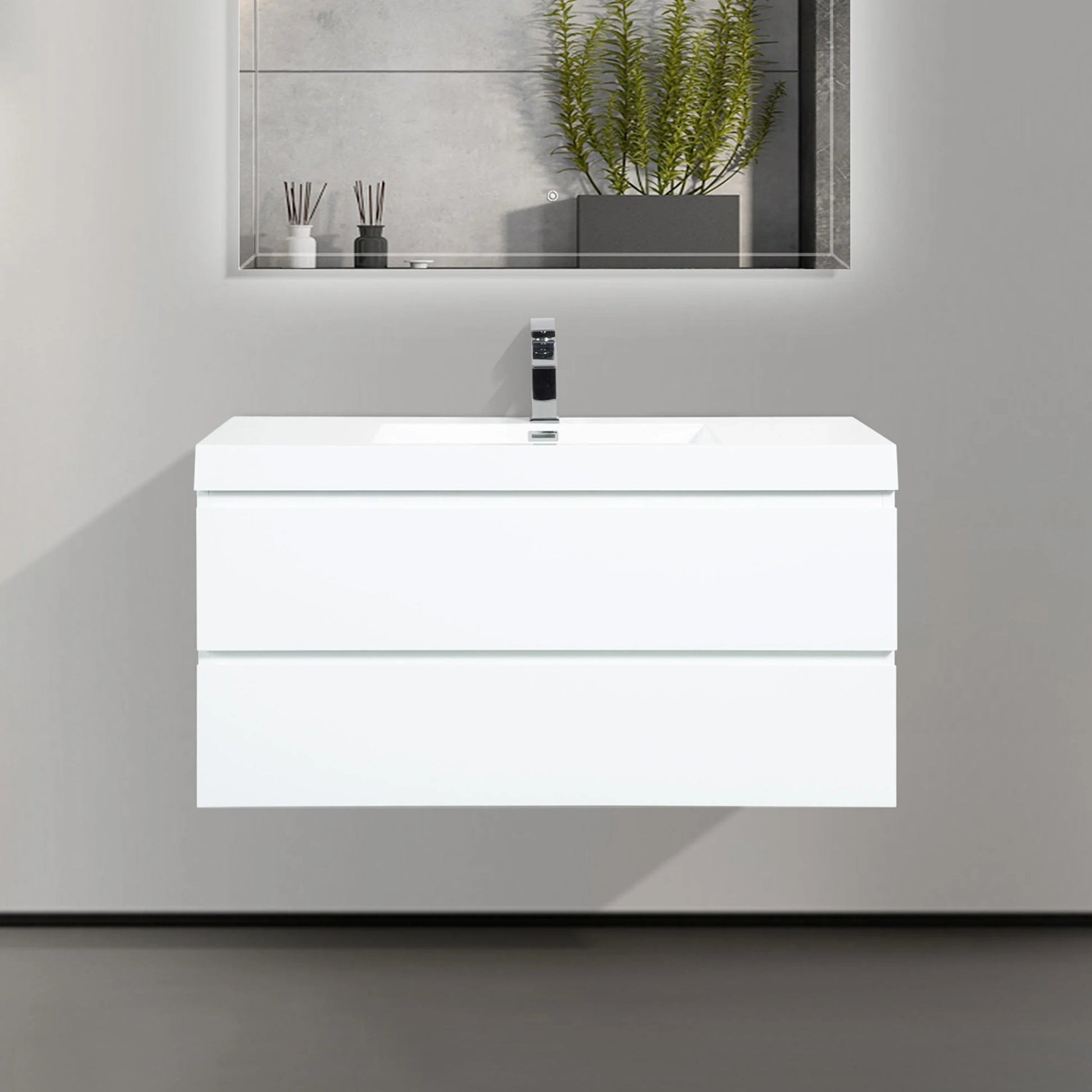 42" Glossy White Wall Mount Bathroom Vanity with White Polymarble Countertop-Migration_Bathroom Vanities-DECOROLALA