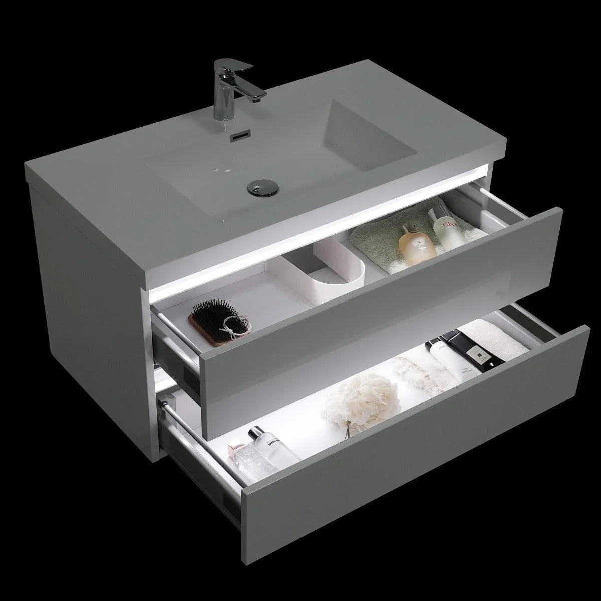 42" Glossy White Wall Mount LED-Glow Bathroom Vanity with White Polymarble Countertop-Migration_Bathroom Vanities-DECOROLALA