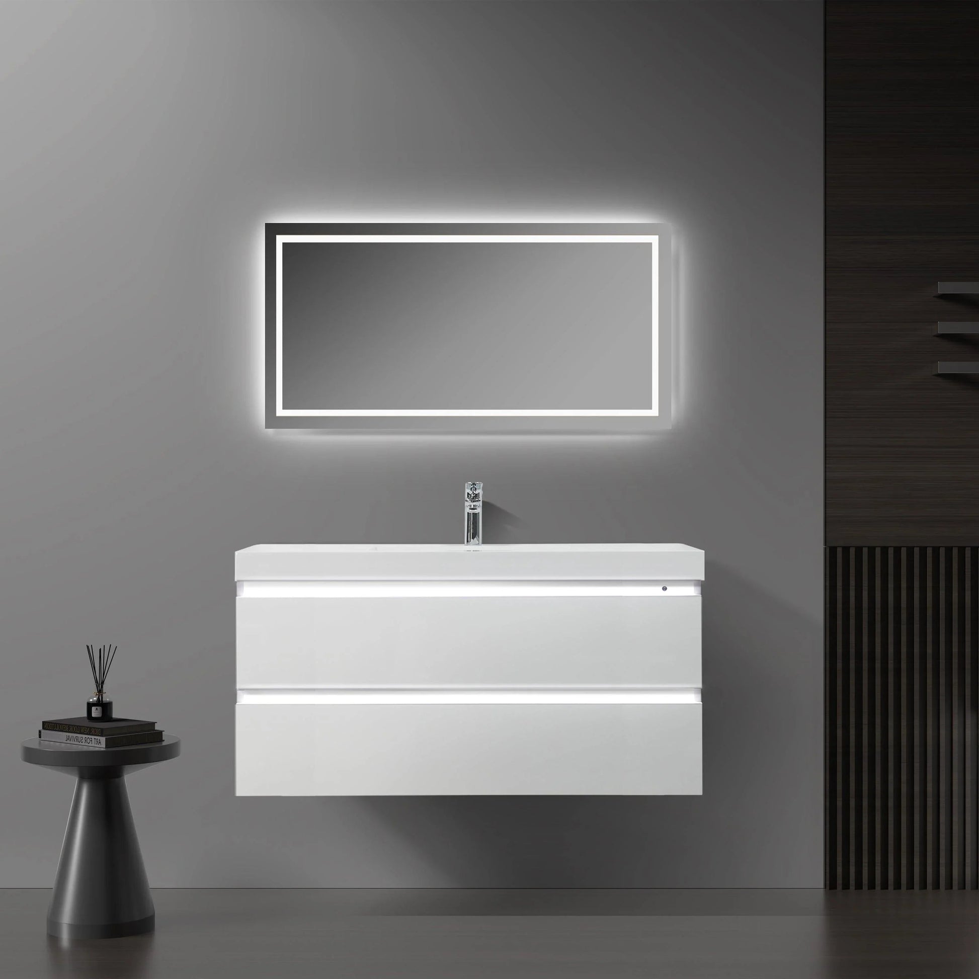 42" Glossy White Wall Mount LED-Glow Bathroom Vanity with White Polymarble Countertop-Migration_Bathroom Vanities-DECOROLALA