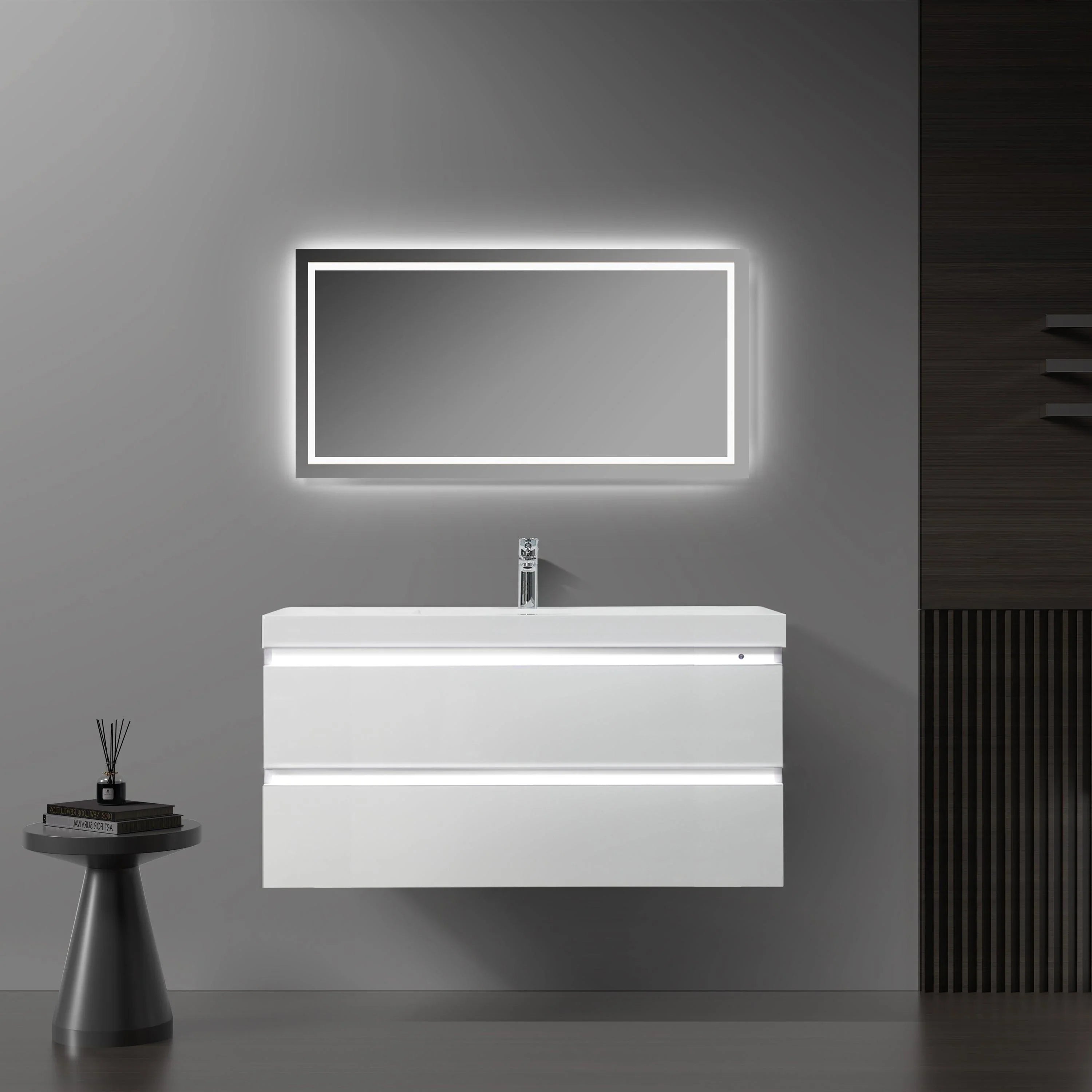 42" Glossy White Wall Mount LED-Glow Bathroom Vanity with White Polymarble Countertop-Migration_Bathroom Vanities-DECOROLALA