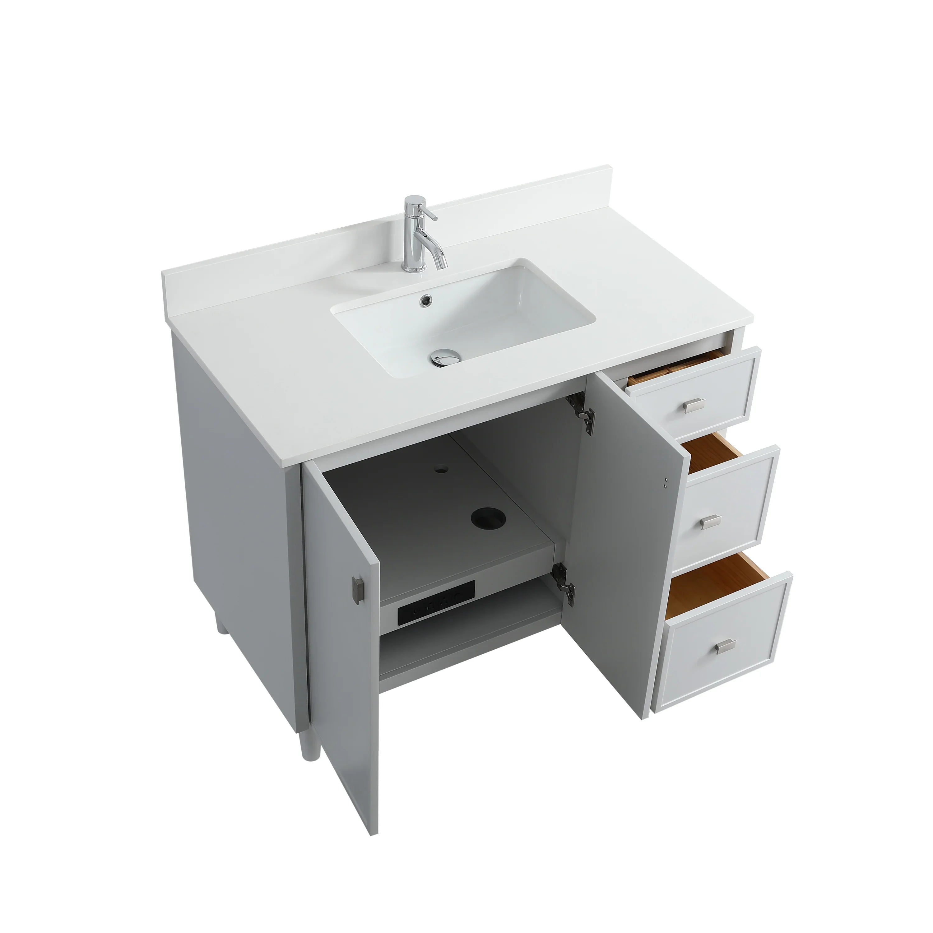 42" Hampton Grey Freestanding Single Sink Bathroom Vanity with White Quartz Countertop-Migration_Bathroom Vanities-DECOROLALA