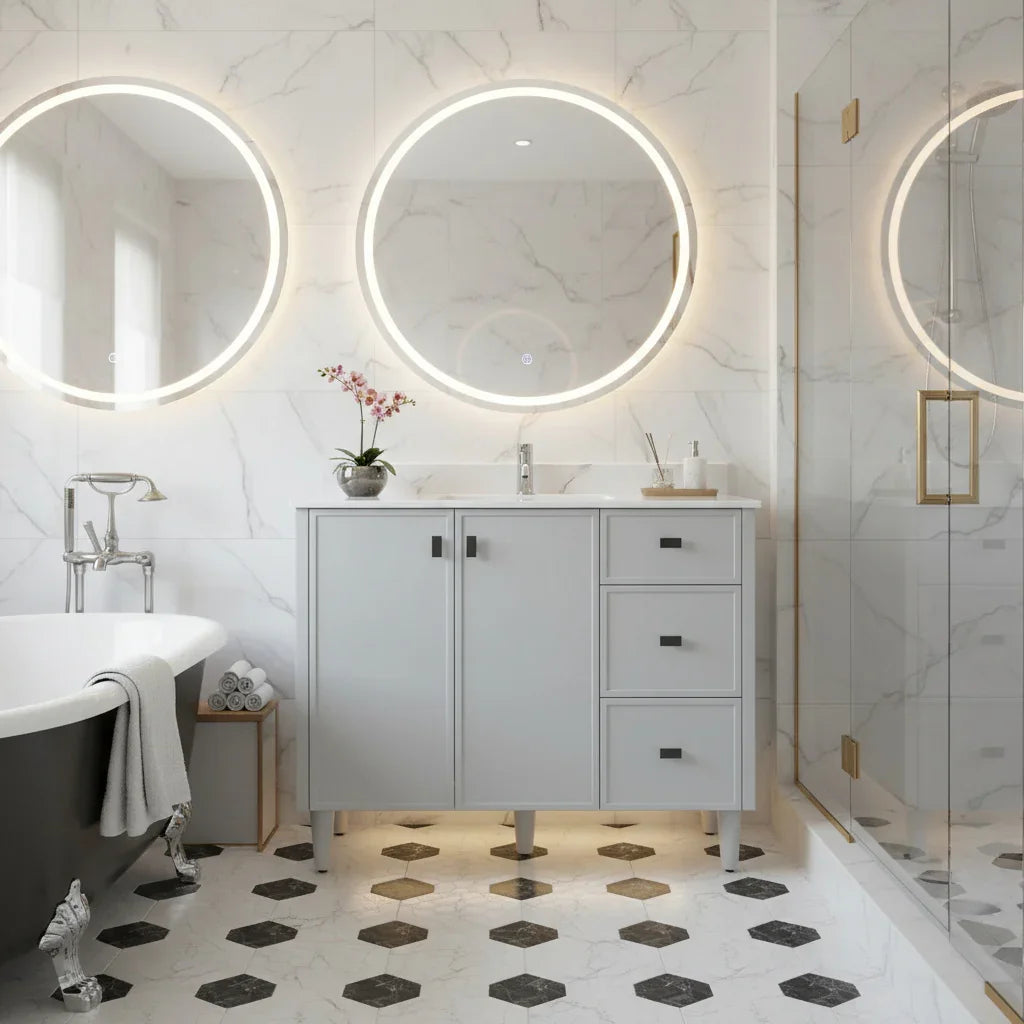 42" Hampton Grey Freestanding Vanity with Engineered Calcutta Marble Countertop-Migration_Bathroom Vanities-DECOROLALA