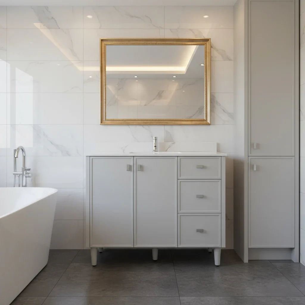 42" Hampton Grey Freestanding Vanity with Engineered Calcutta Marble Countertop-Migration_Bathroom Vanities-DECOROLALA