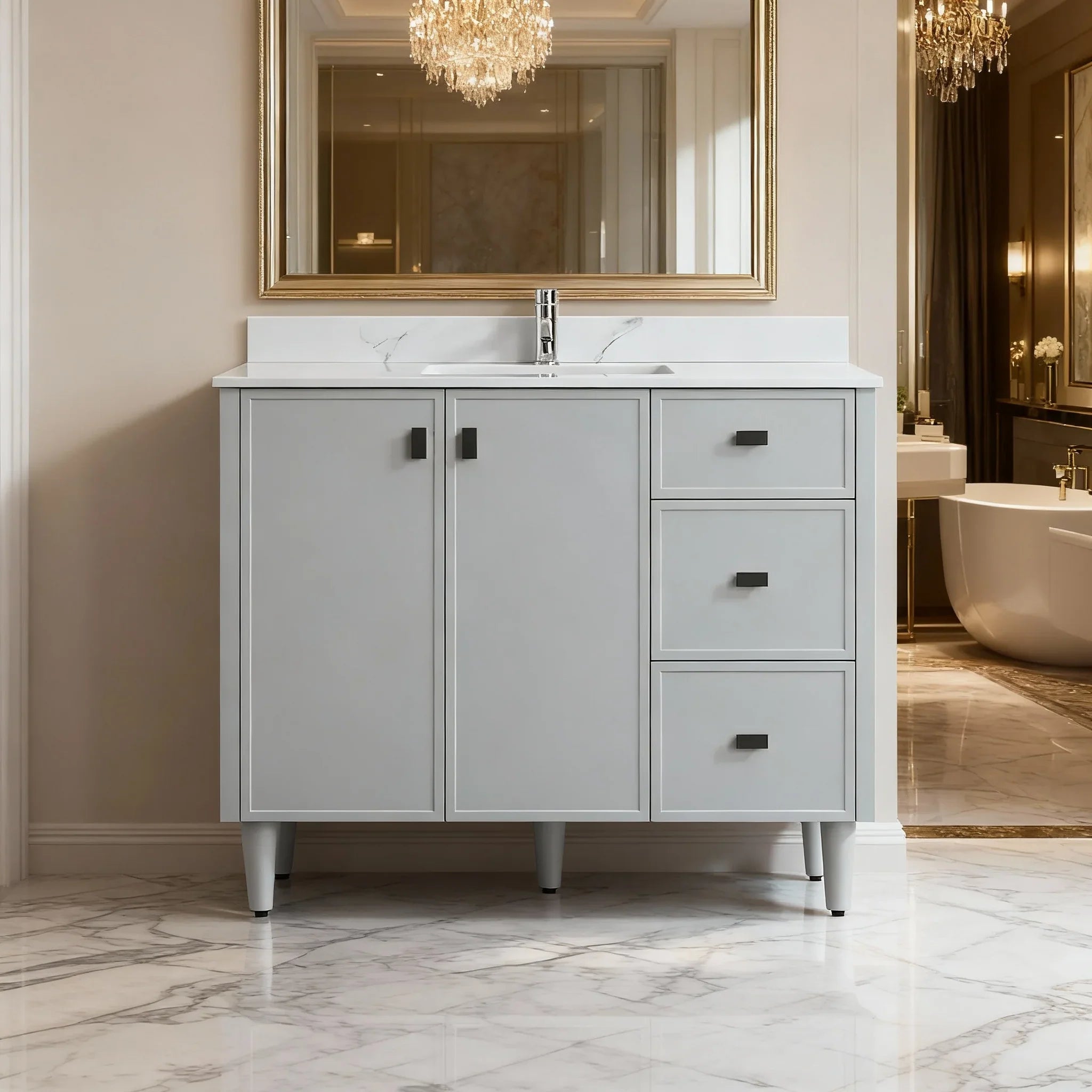 42" Hampton Grey Freestanding Vanity with Engineered Calcutta Marble Countertop-Migration_Bathroom Vanities-DECOROLALA