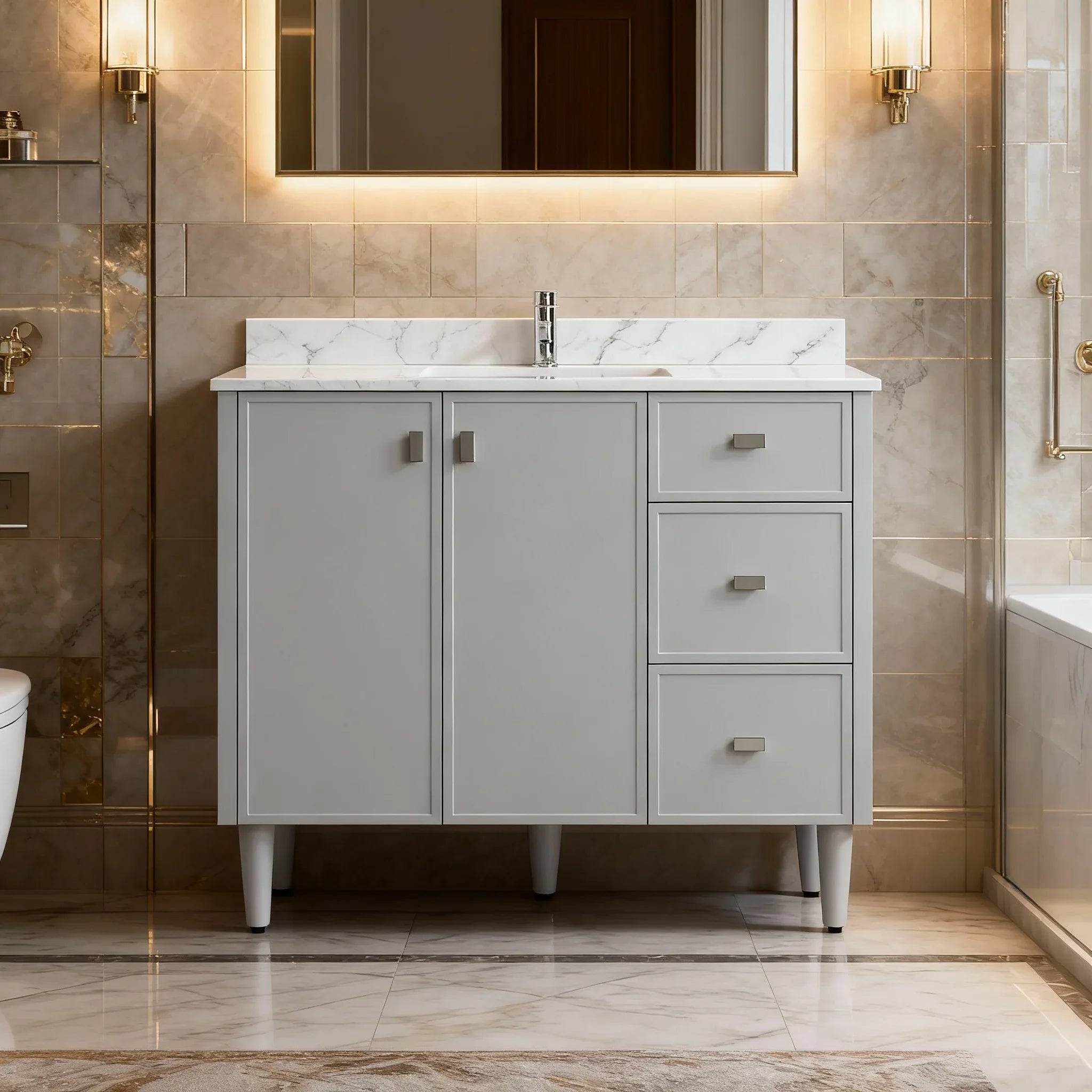 42" Hampton Grey Freestanding Vanity with Engineered Calcutta Marble Countertop-Migration_Bathroom Vanities-DECOROLALA