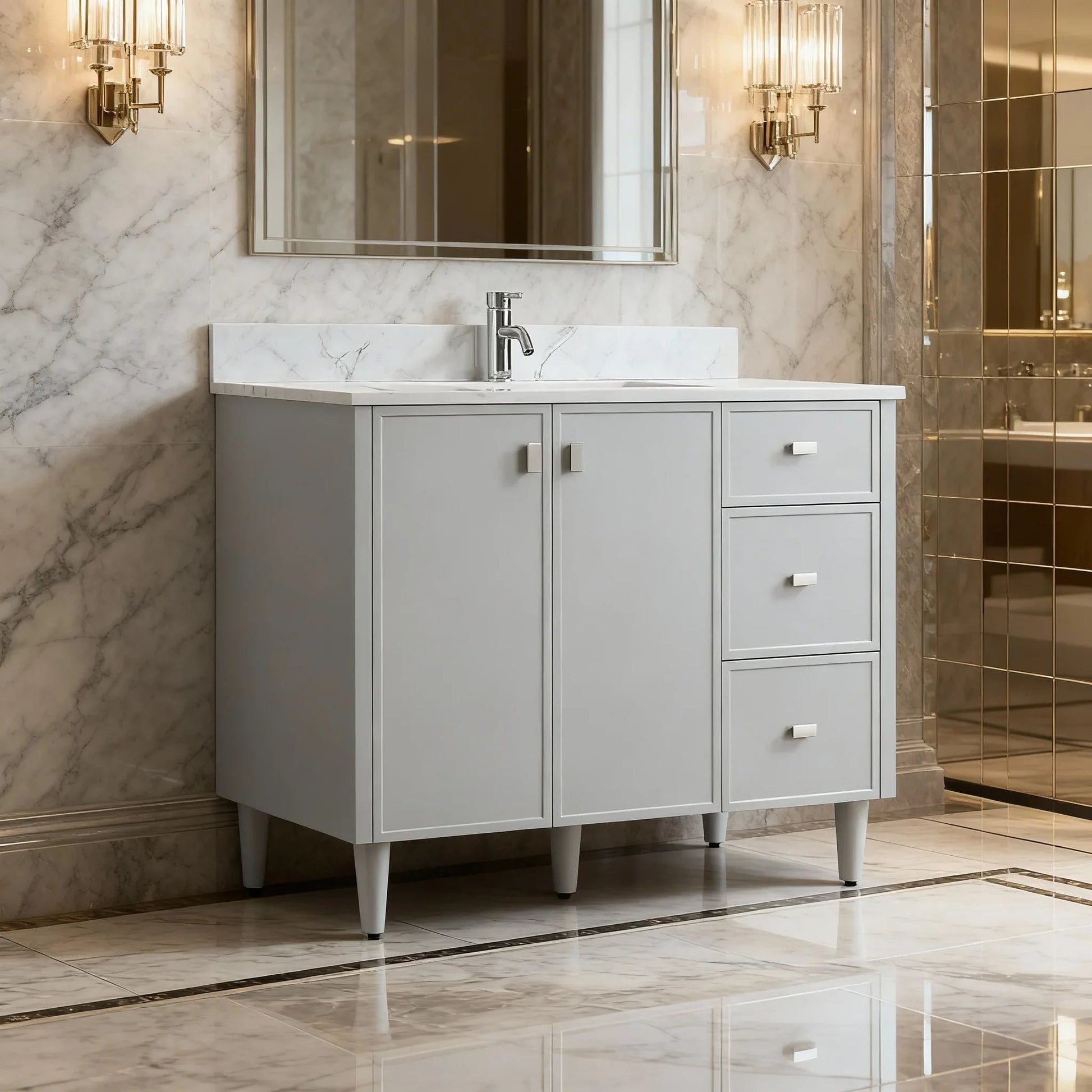 42" Hampton Grey Freestanding Vanity with Engineered Calcutta Marble Countertop-Migration_Bathroom Vanities-DECOROLALA