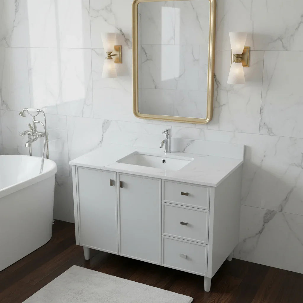 42" Hampton Grey Freestanding Vanity with Engineered Calcutta Marble Countertop-Migration_Bathroom Vanities-DECOROLALA