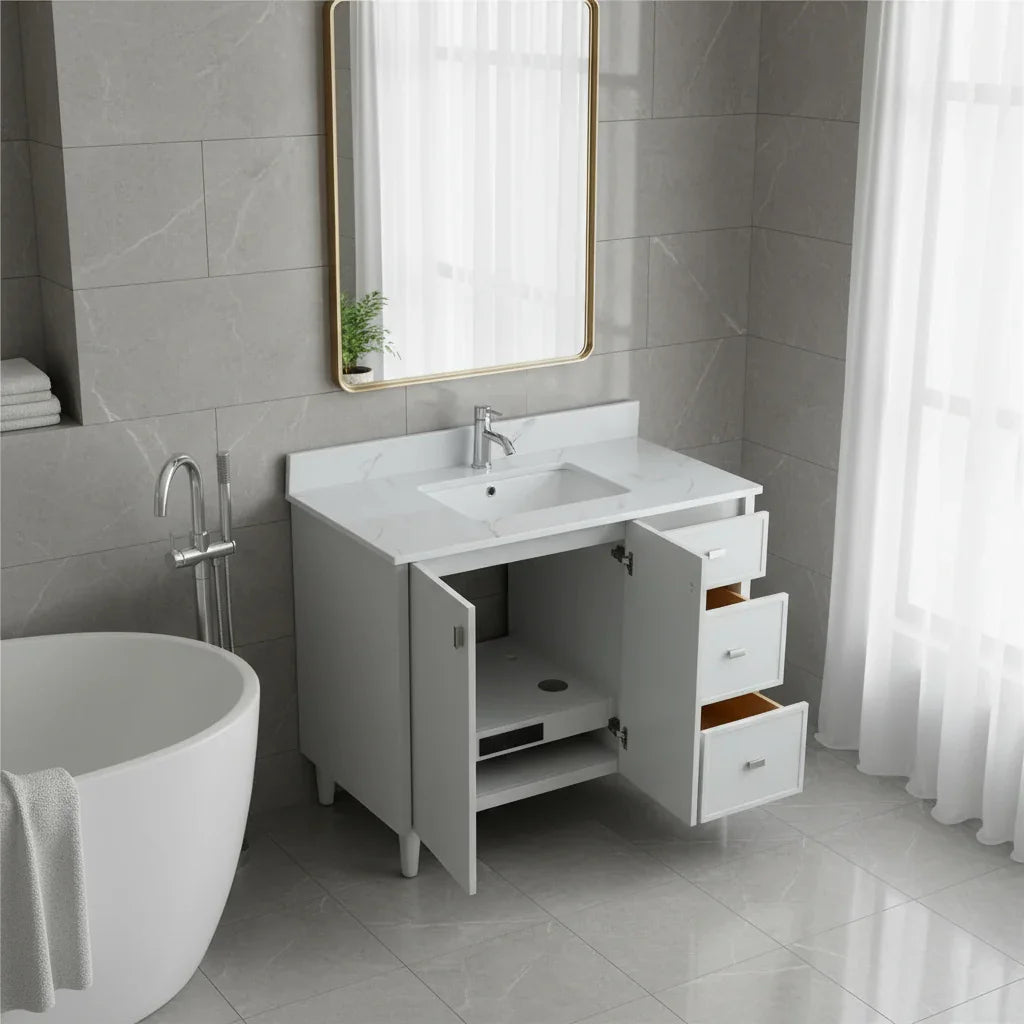 42" Hampton Grey Freestanding Vanity with Engineered Calcutta Marble Countertop-Migration_Bathroom Vanities-DECOROLALA