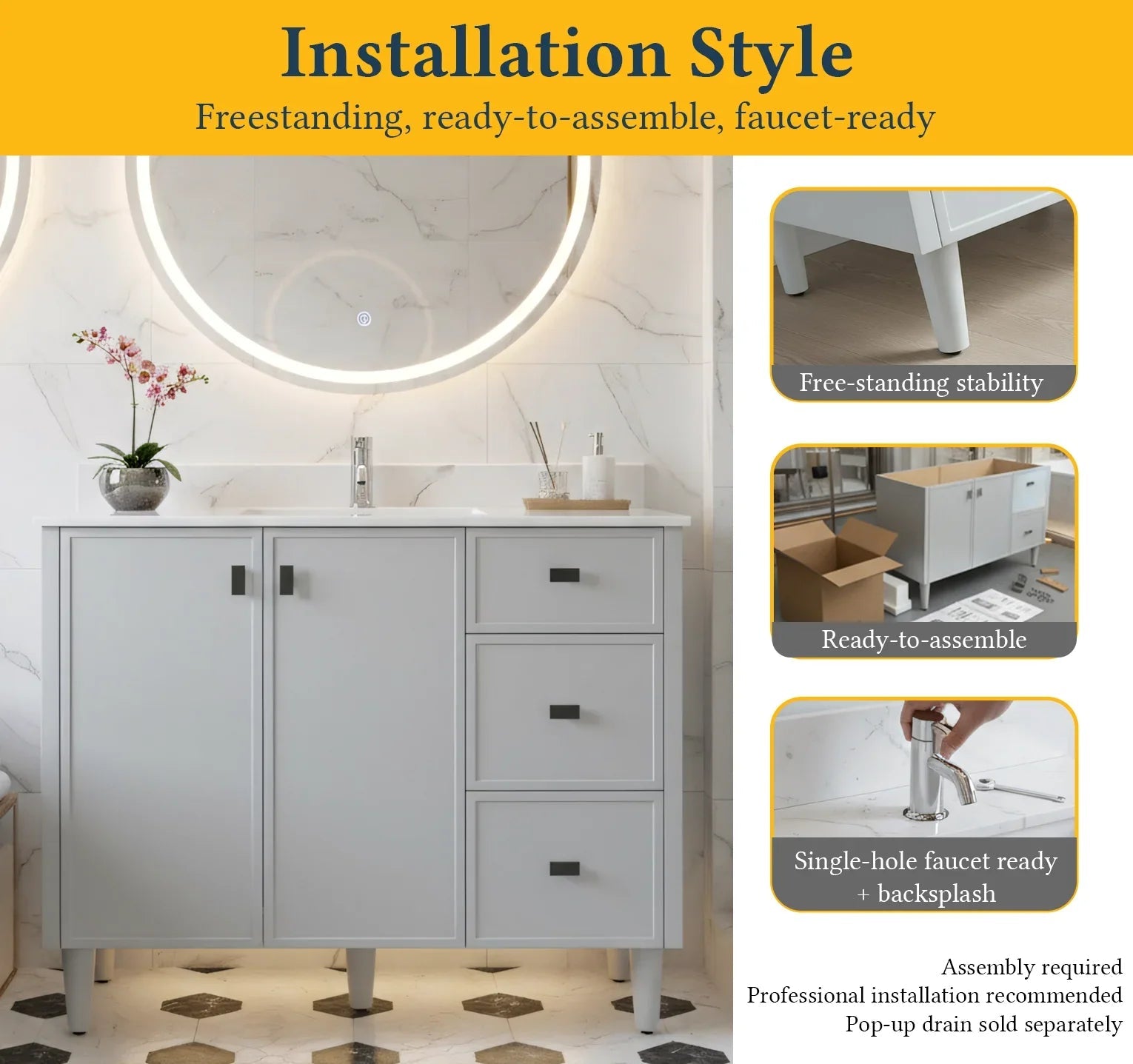 42" Hampton Grey Freestanding Vanity with Engineered Calcutta Marble Countertop-Migration_Bathroom Vanities-DECOROLALA