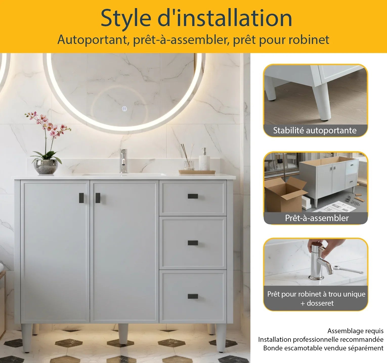 42" Hampton Grey Freestanding Vanity with Engineered Calcutta Marble Countertop-Migration_Bathroom Vanities-DECOROLALA