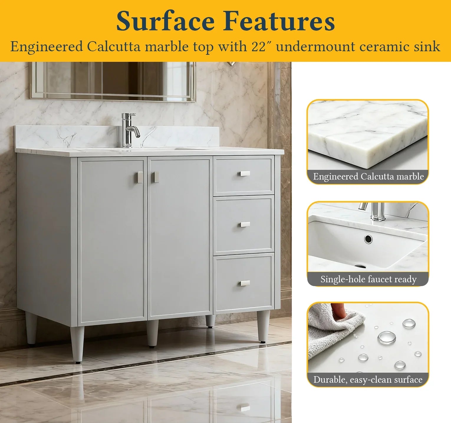 42" Hampton Grey Freestanding Vanity with Engineered Calcutta Marble Countertop-Migration_Bathroom Vanities-DECOROLALA