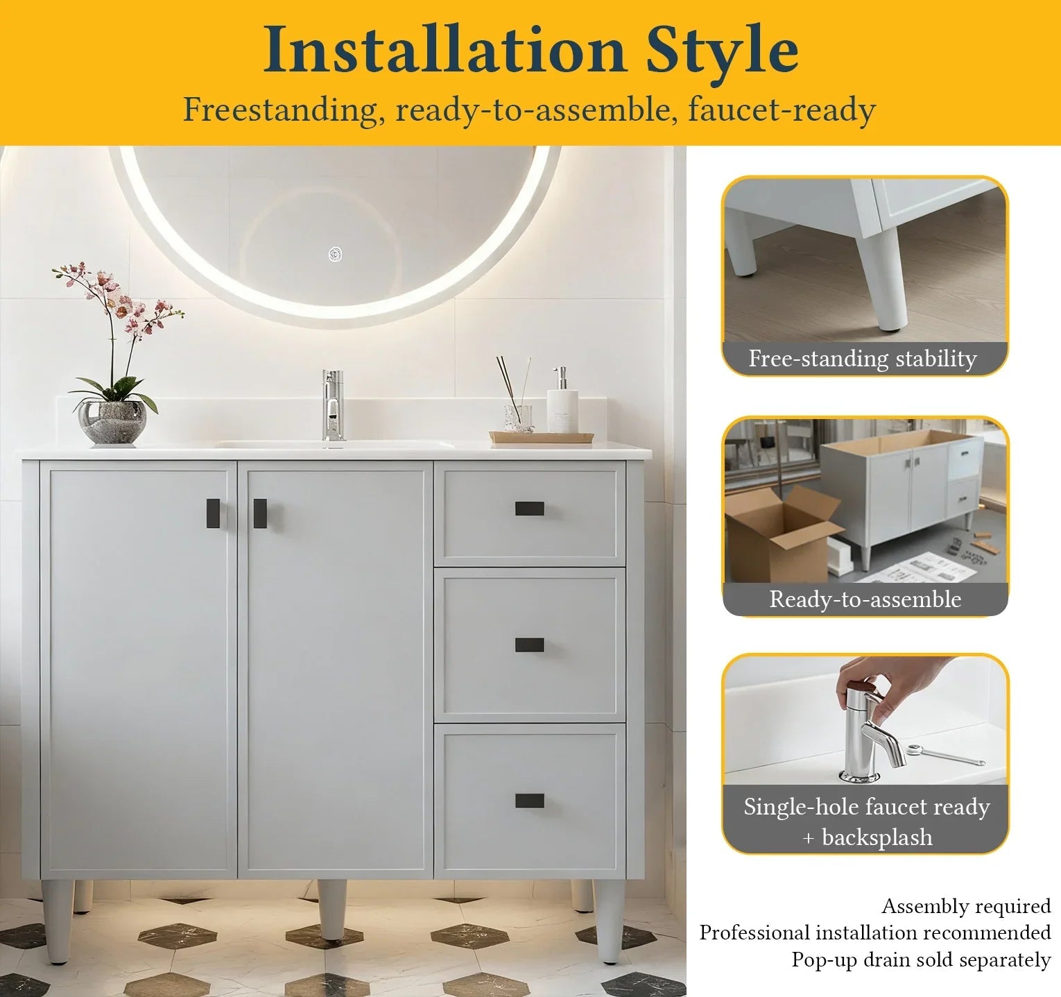 42" Hampton Grey Freestanding Vanity with Pure White Quartz Countertop-Migration_Bathroom Vanities-DECOROLALA