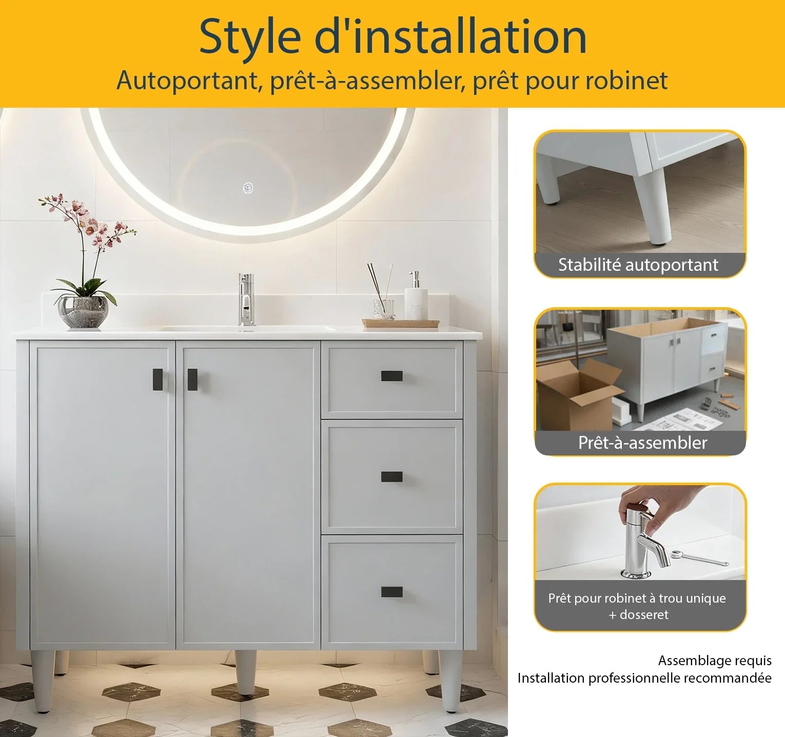 42" Hampton Grey Freestanding Vanity with Pure White Quartz Countertop-Migration_Bathroom Vanities-DECOROLALA