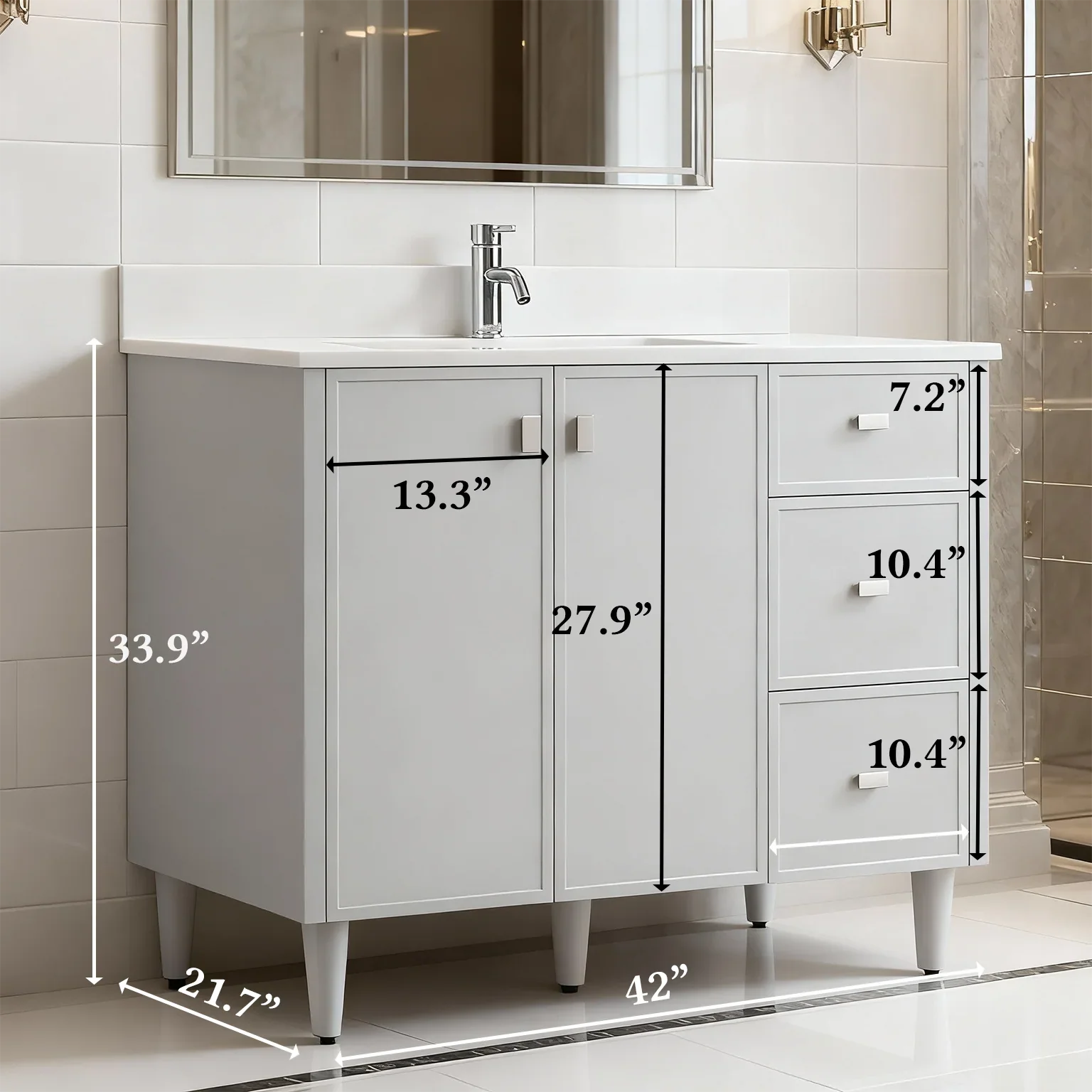 42" Hampton Grey Freestanding Vanity with Pure White Quartz Countertop-Migration_Bathroom Vanities-DECOROLALA